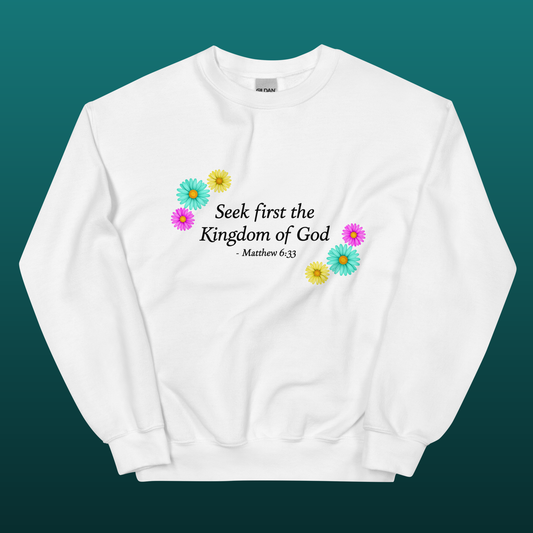 Seek first the kingdom of God white Christian sweatshirt with colorful flowers, mockup
