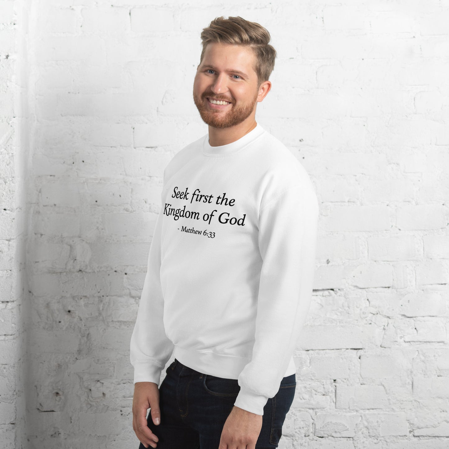 Men's white sweatshirt with scripture