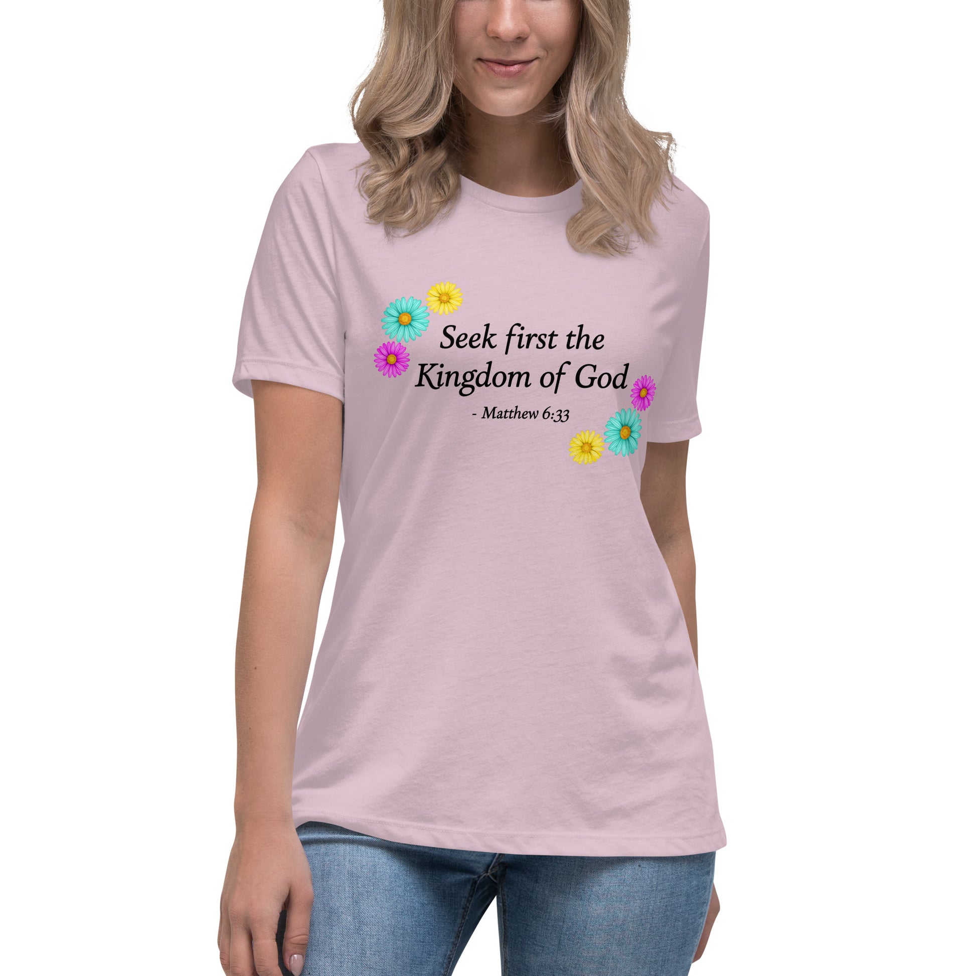 Light purple t-shirt with flowes and bible verse