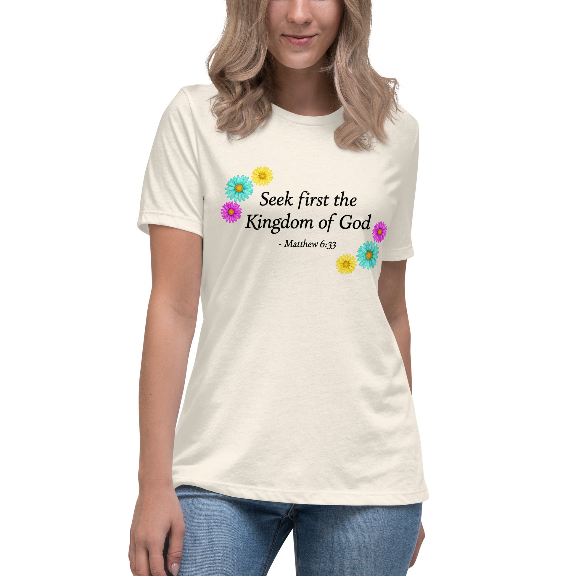 Women's Relaxed Fit T-Shirt with flowers and bible verse in natural