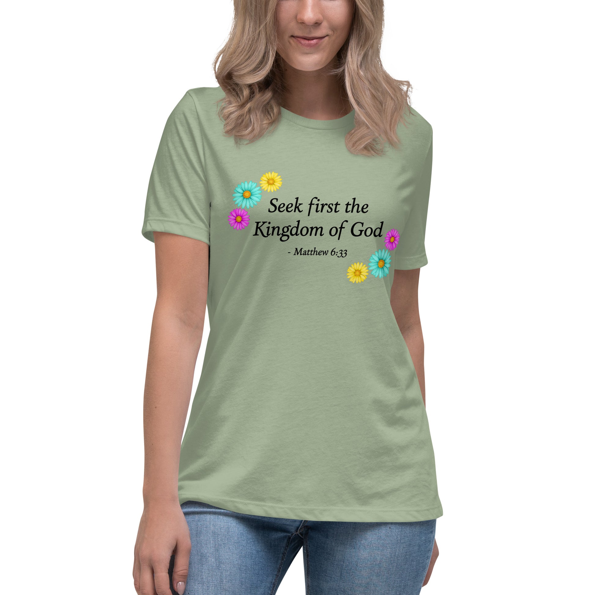 Sage t-shirt with flowers and bible verse Seek First