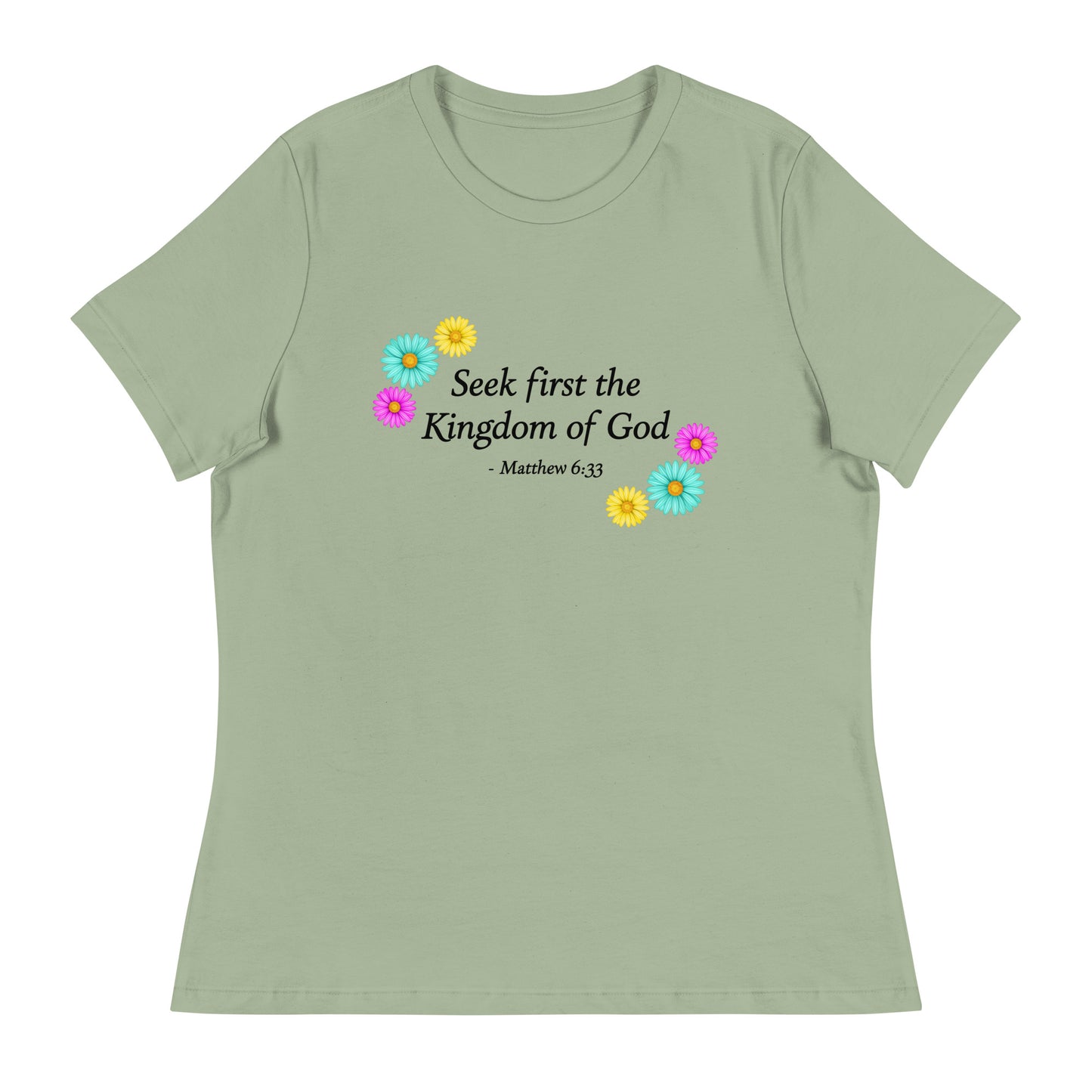 Women's sage t-shirt with flowers and bible verse