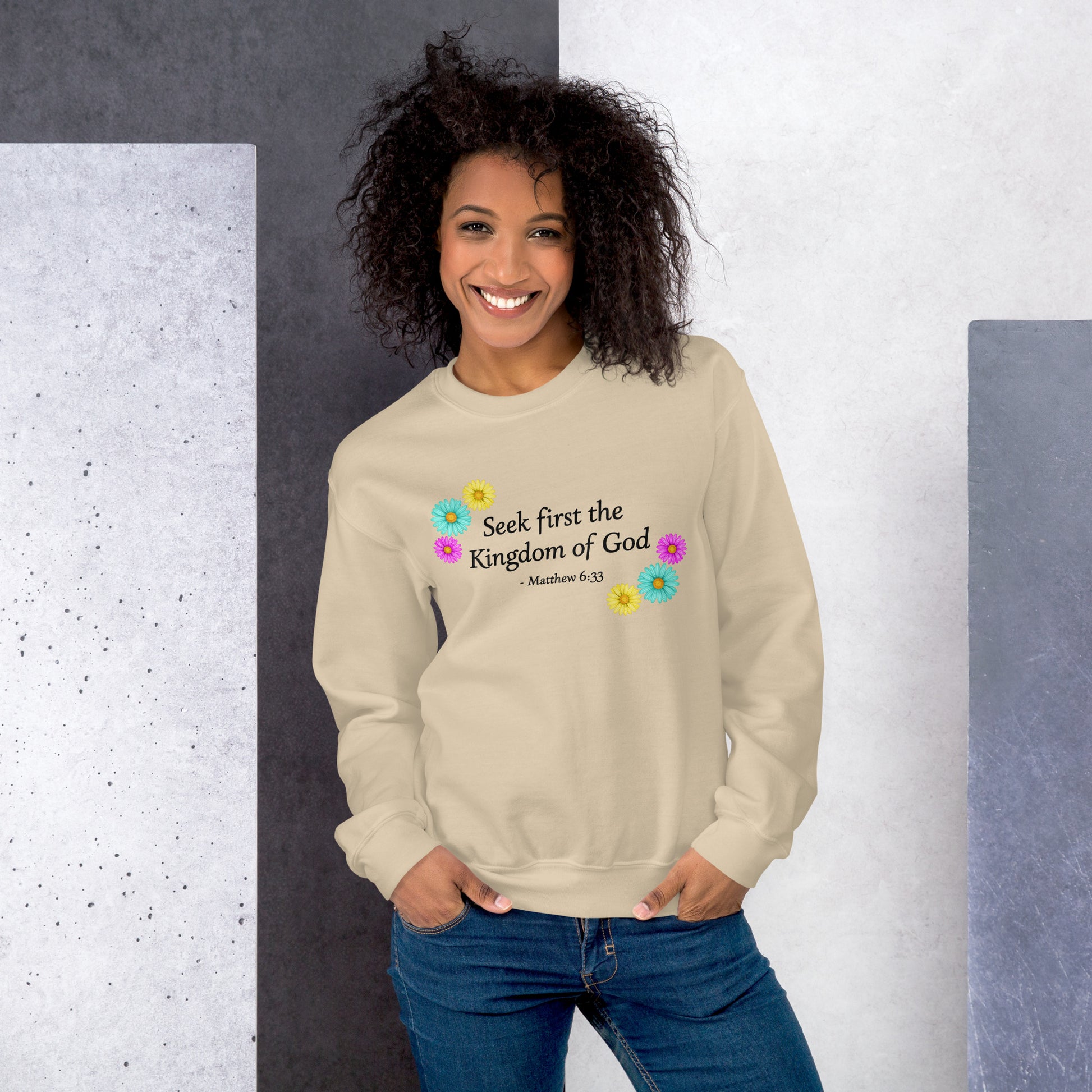 Sand sweatshirt with flowers and bible verse, Seek First