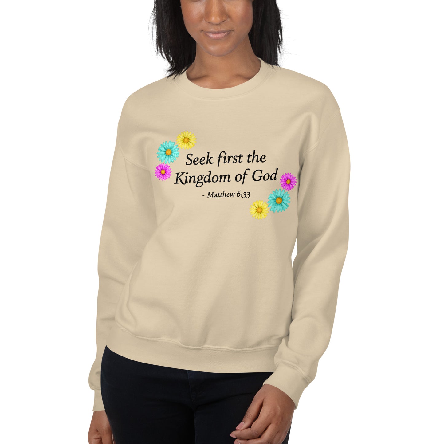 Women's sand sweatshirt with flowers and bible verse