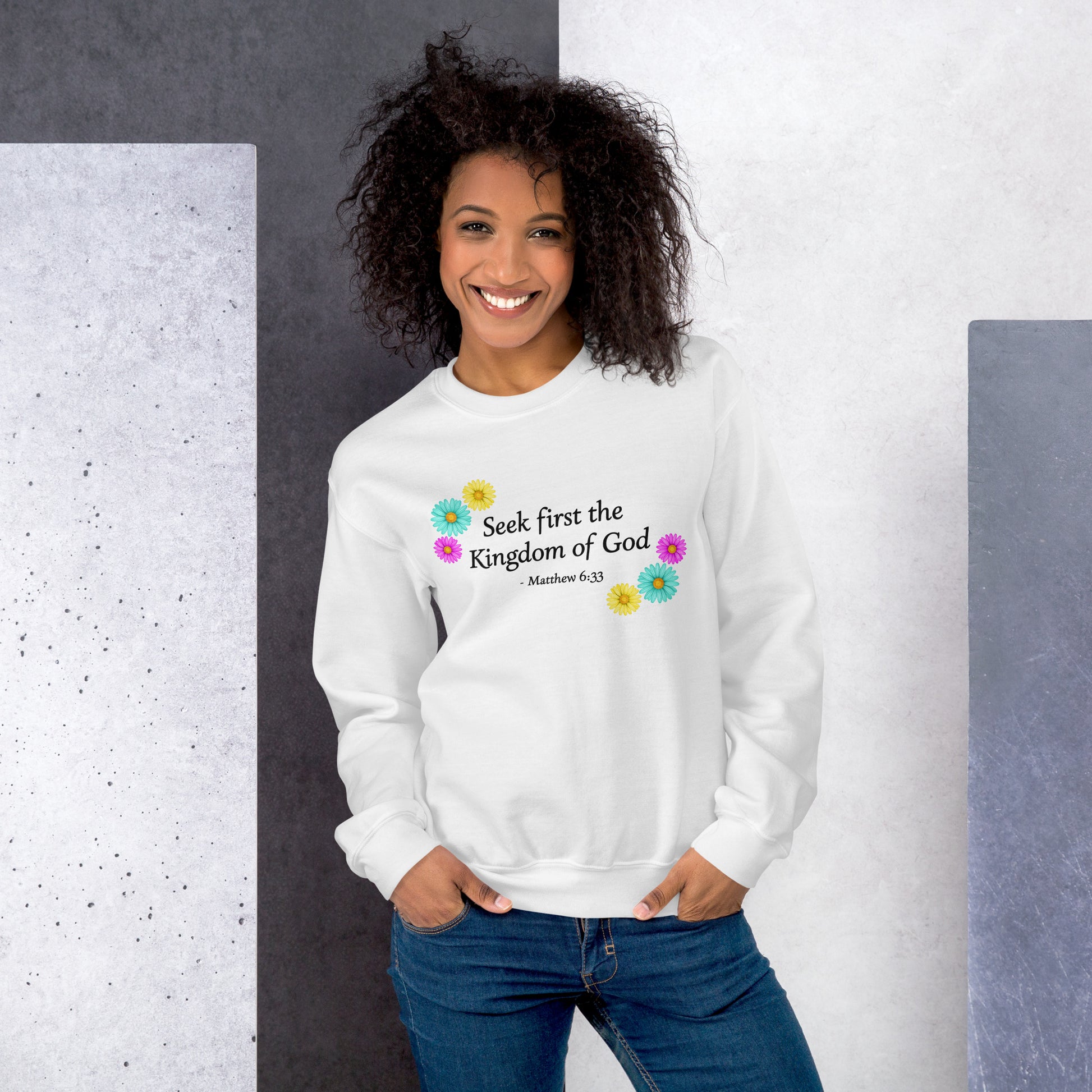 White sweatshirt with bible verse and flowers