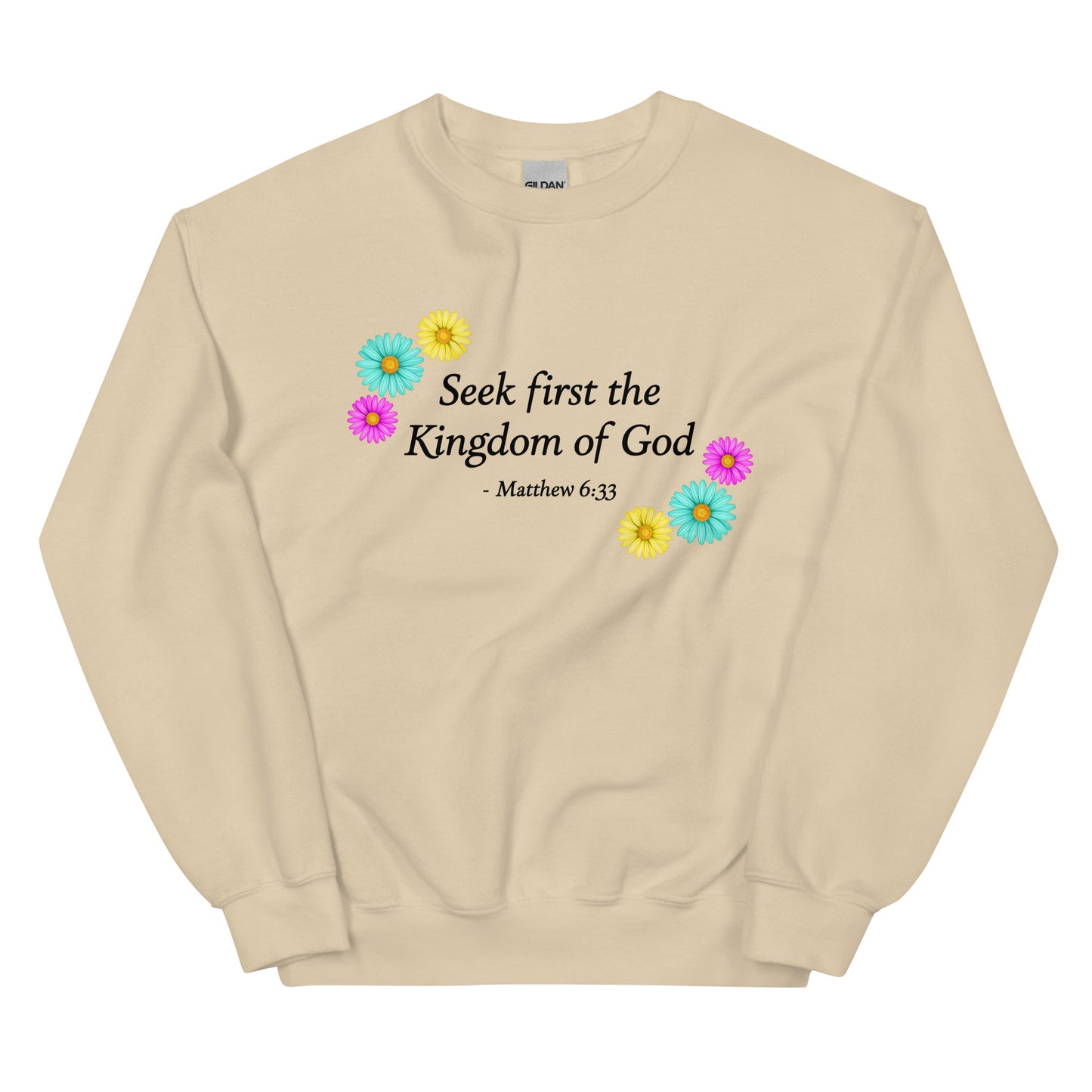 Women's sand sweatshirt with flowers and bible verse