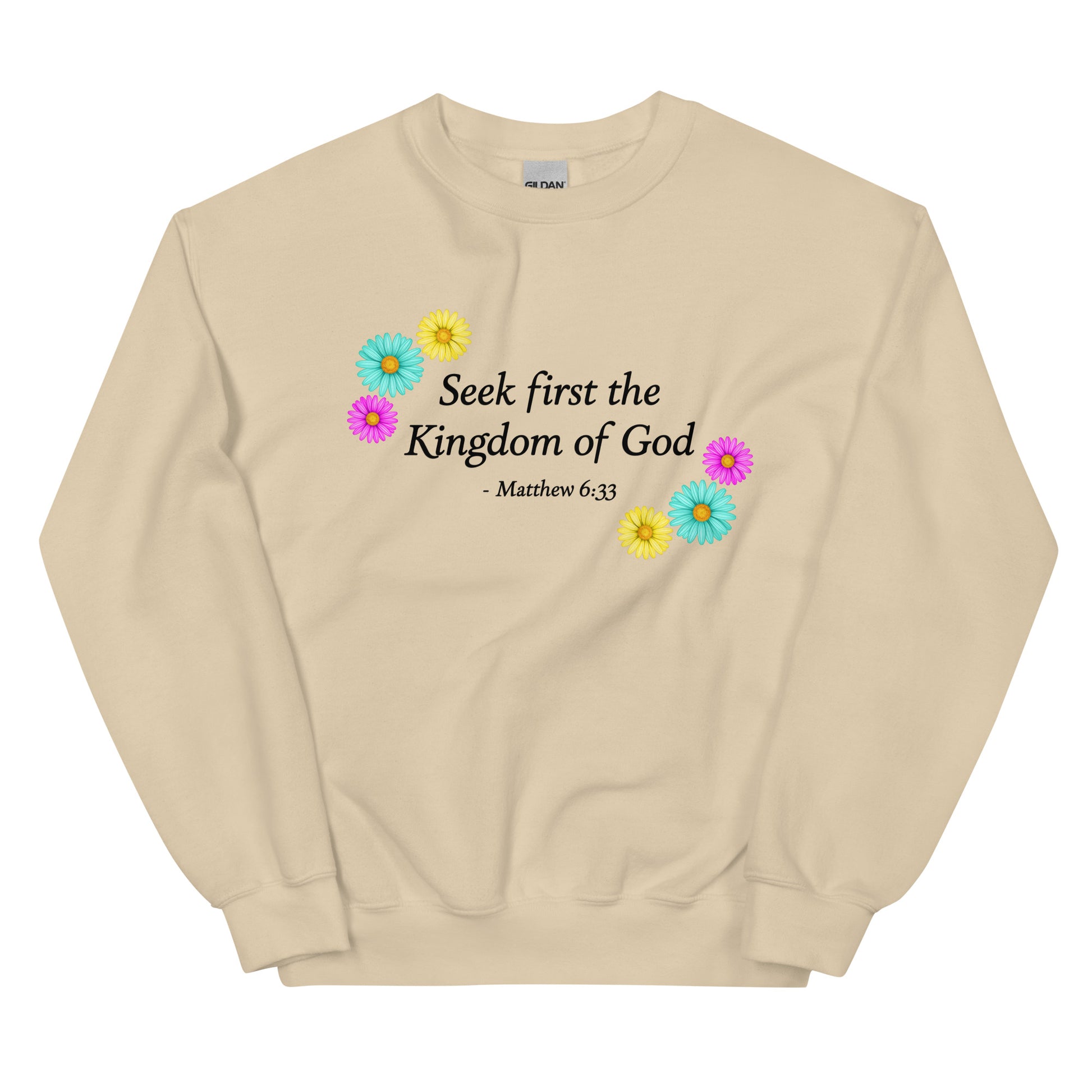 Women's sand sweatshirt with flowers and bible verse