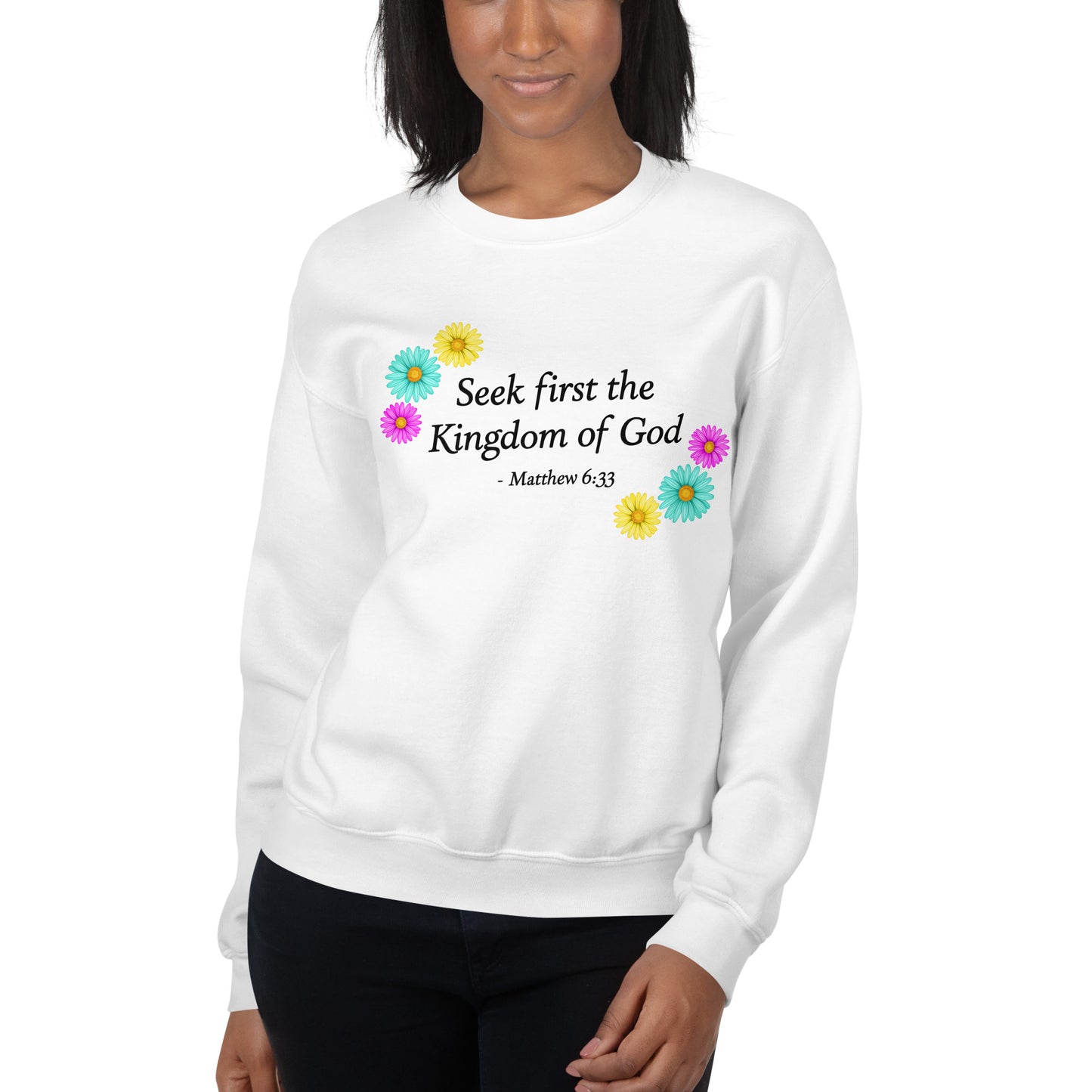 Women's white sweatshirt with scripture