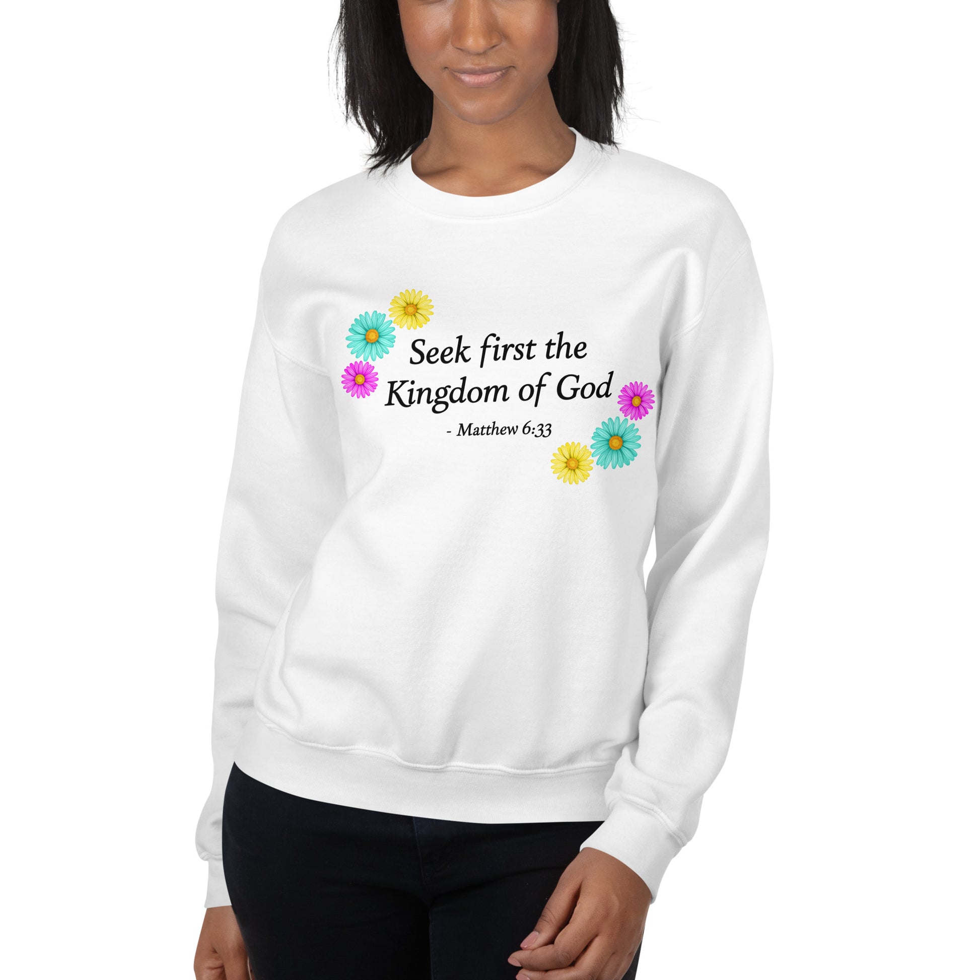 Women's white sweatshirt with scripture