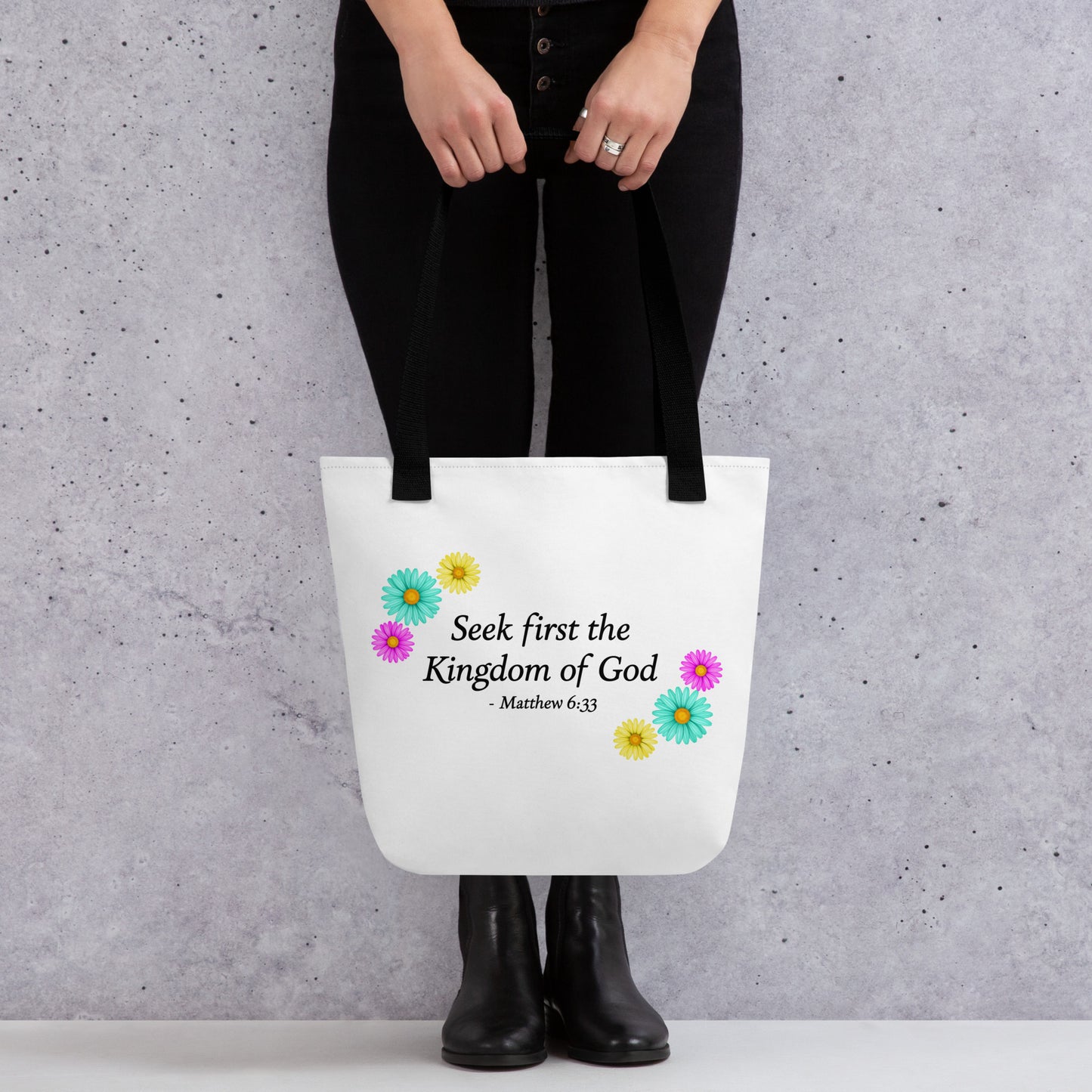 Seek First the Kingdom of God Matthew 6:33 Christian tote bag lifestyle mockup