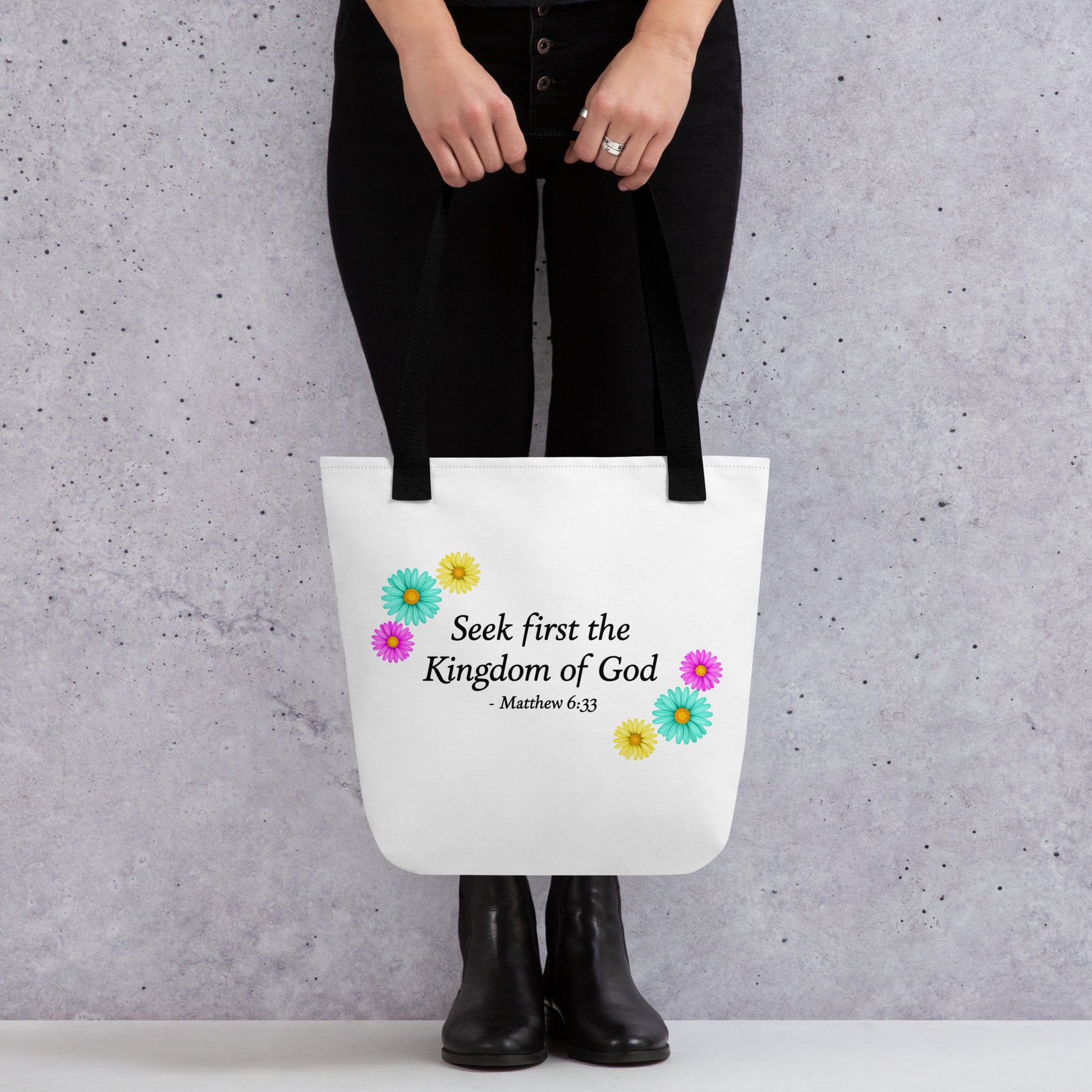 Seek First the Kingdom of God Matthew 6:33 Christian tote bag lifestyle mockup