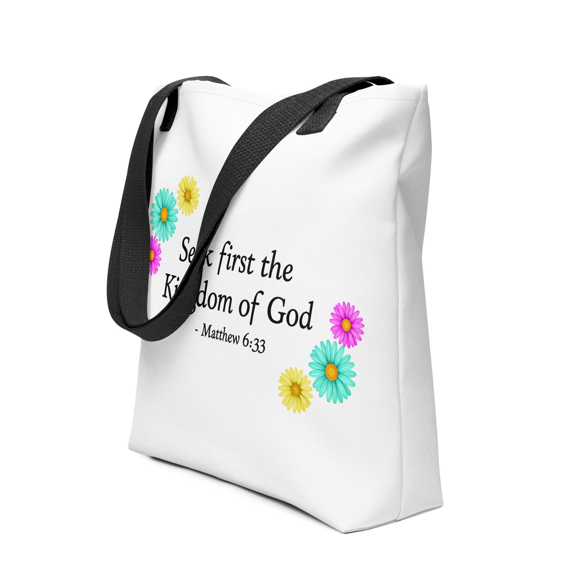 Seek First the Kingdom of God Matthew 6:33 Christian tote bag front side view