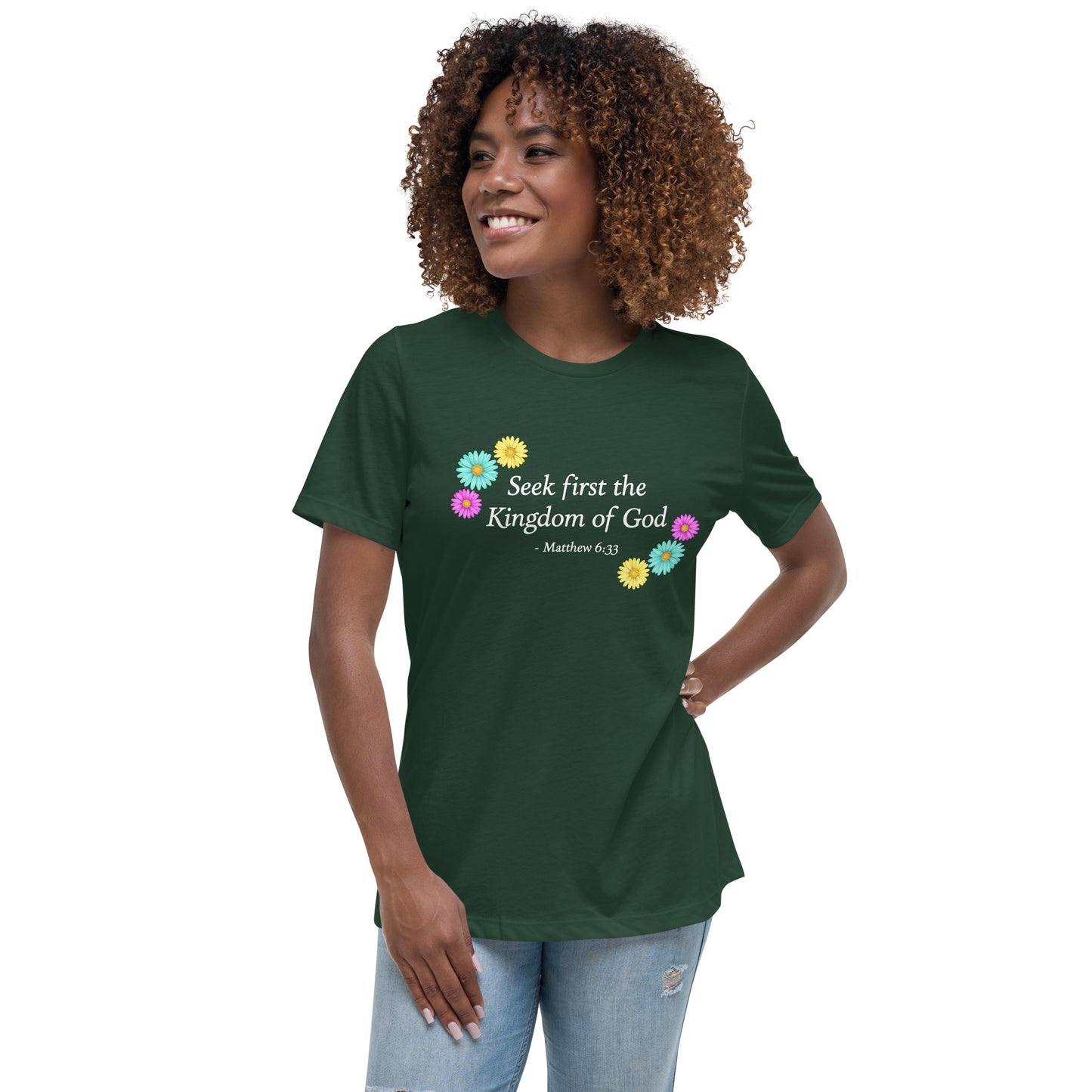 Dark green women's t-shirt with flowers and bible verse