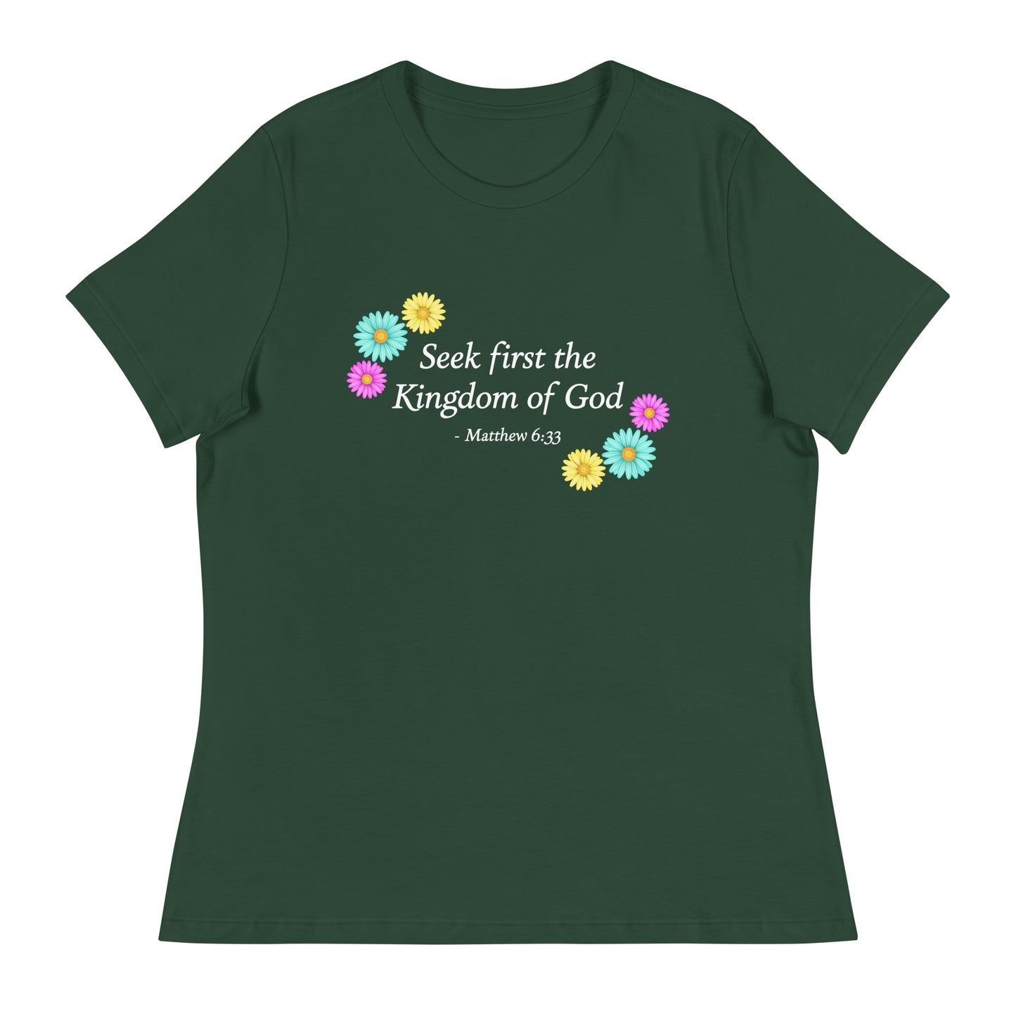 Women's dark forest green tee with bible verse and flowers