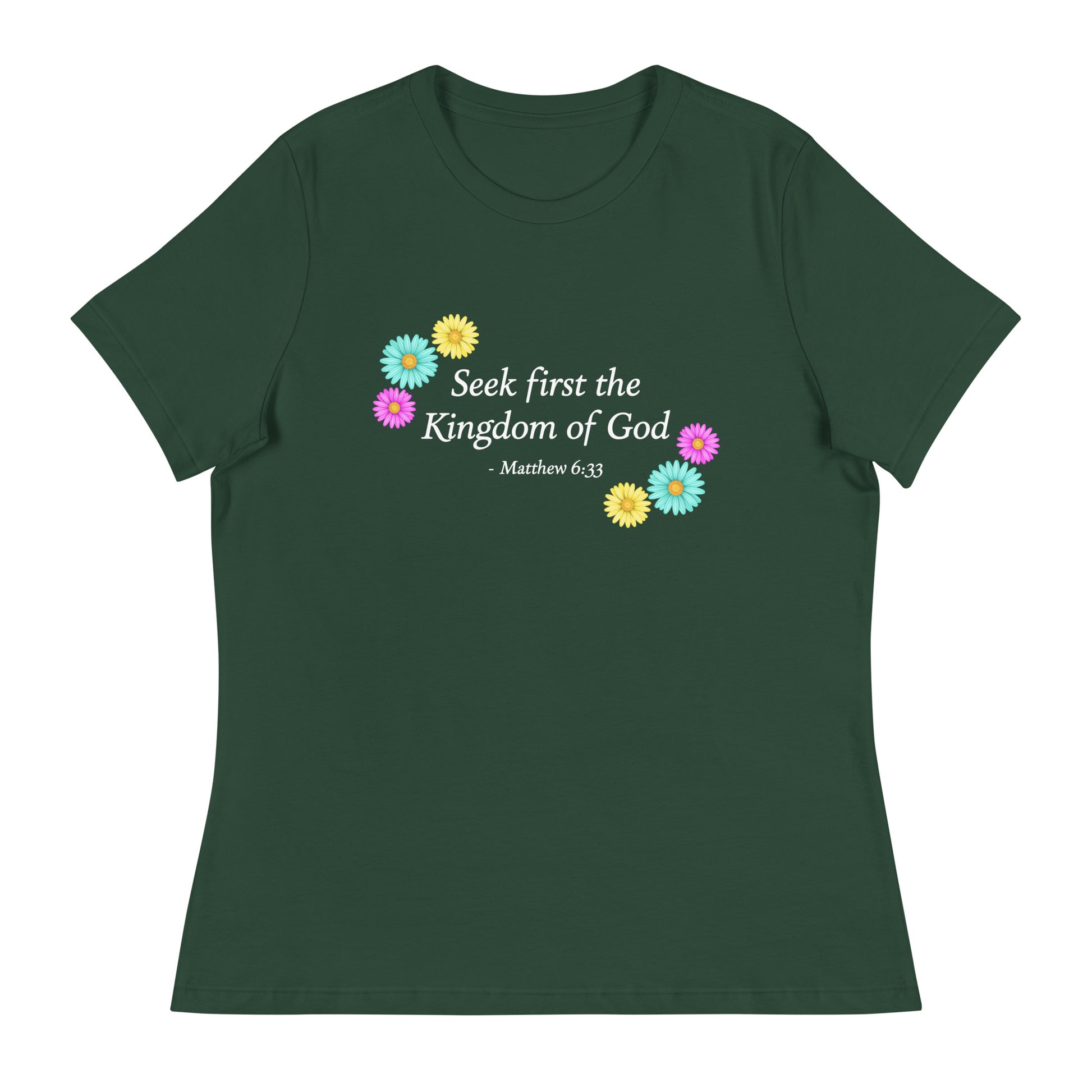 Women's dark forest green tee with bible verse and flowers