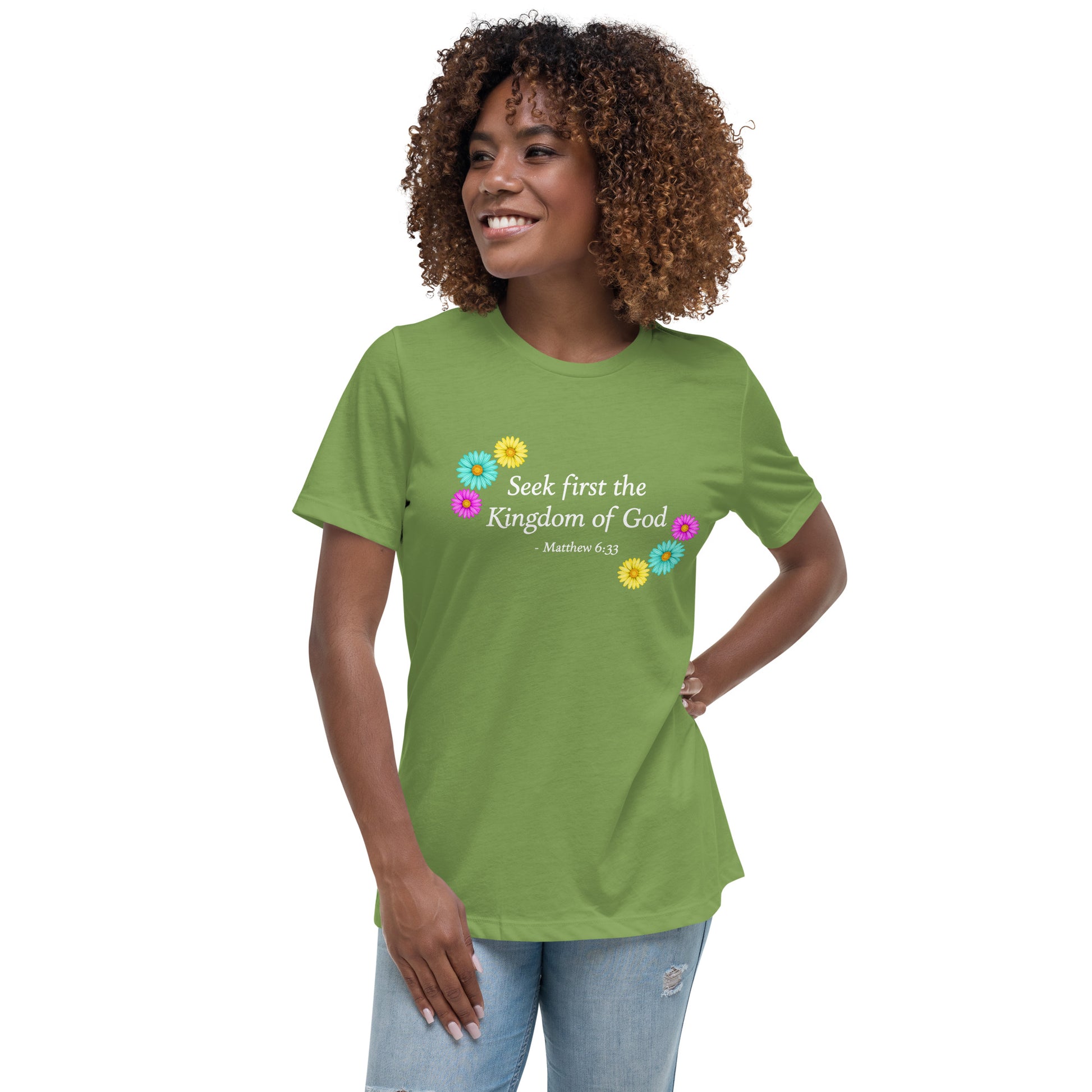 Leaf green women's t-shirt with flowers and bible verse, summer tee