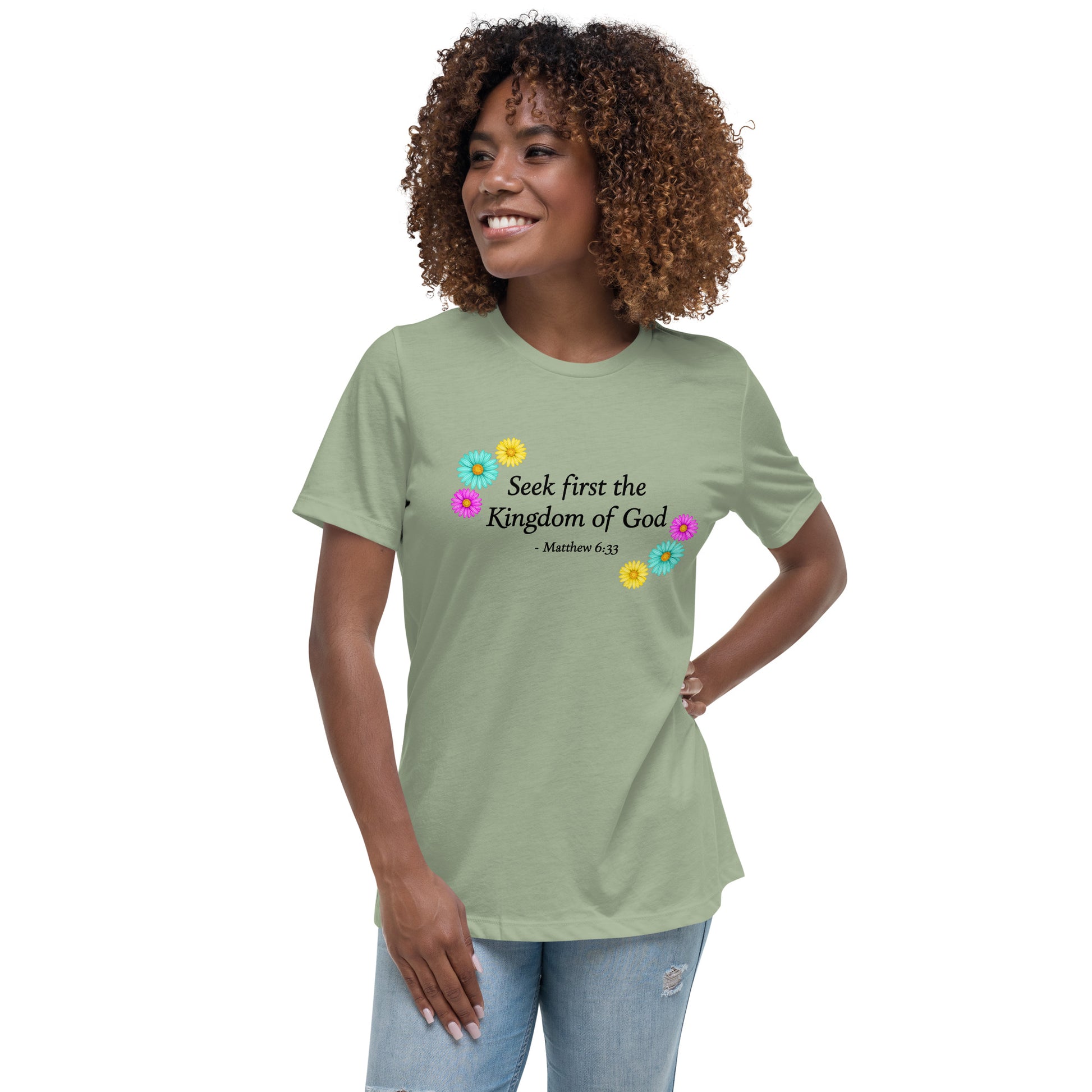 Seek First the Kingdom of God, Flower Women's Sage Relaxed Fit T-Shirt 