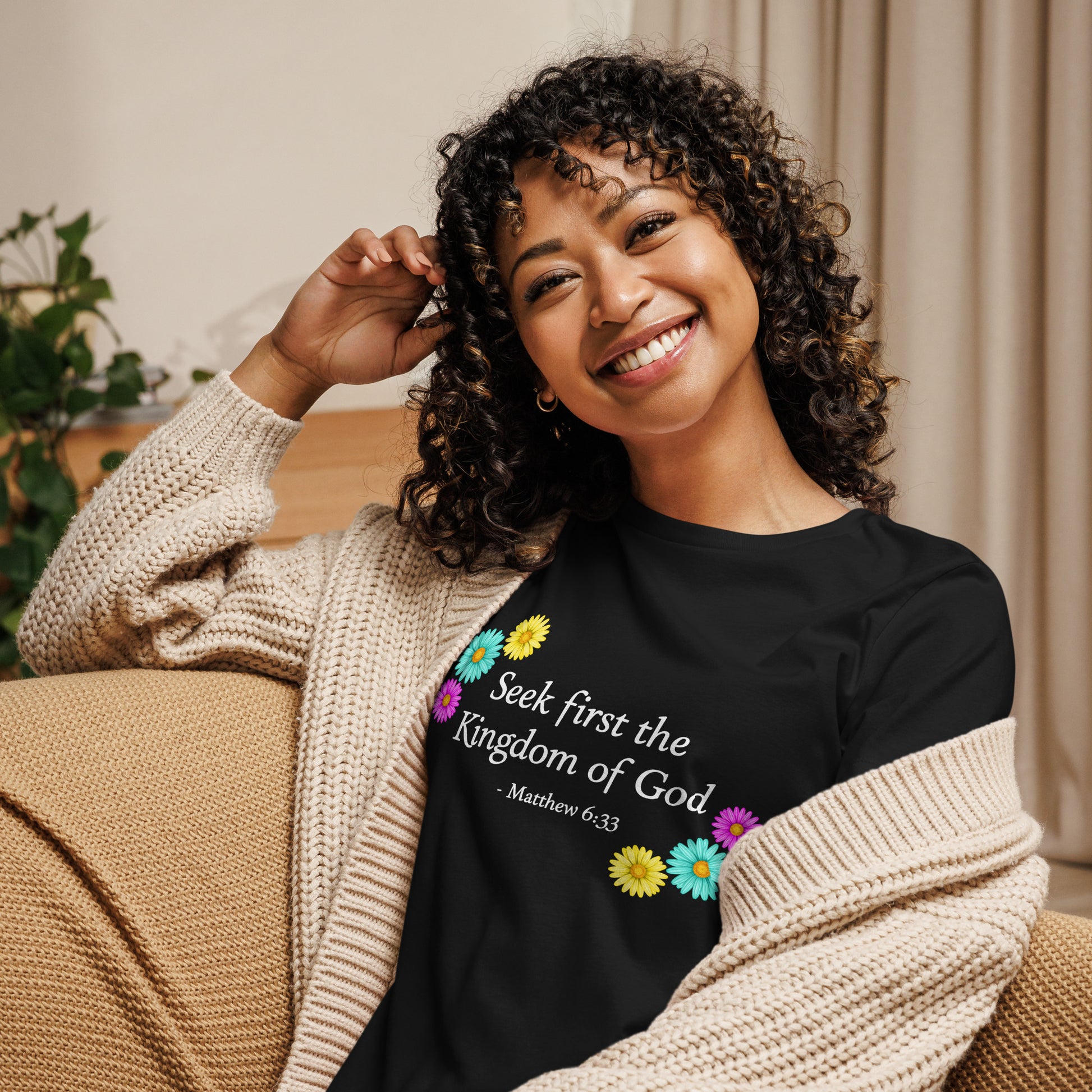 Women's black t-shirt with bible verse and flowers, mockup