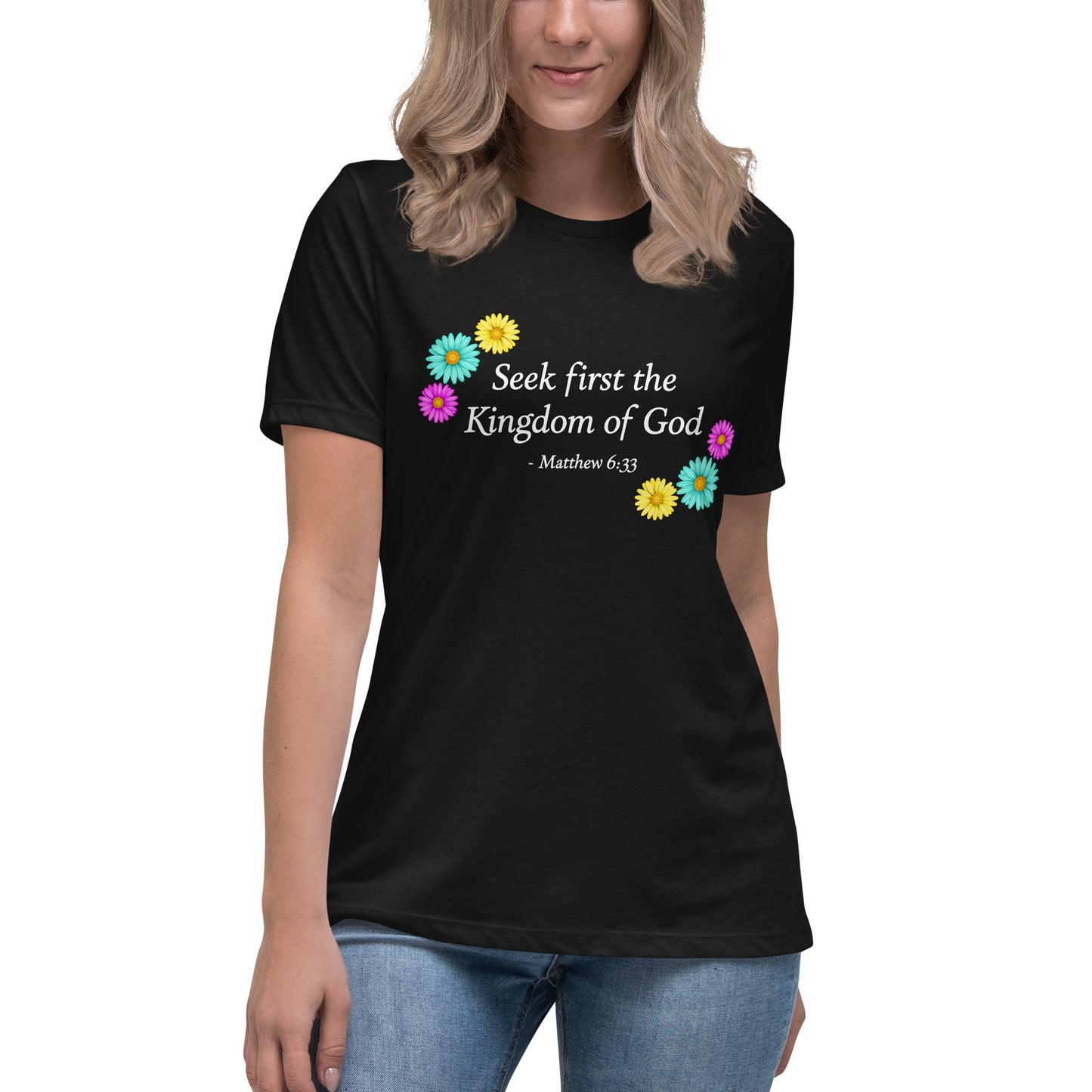Women's black tee with bible verse and flowers