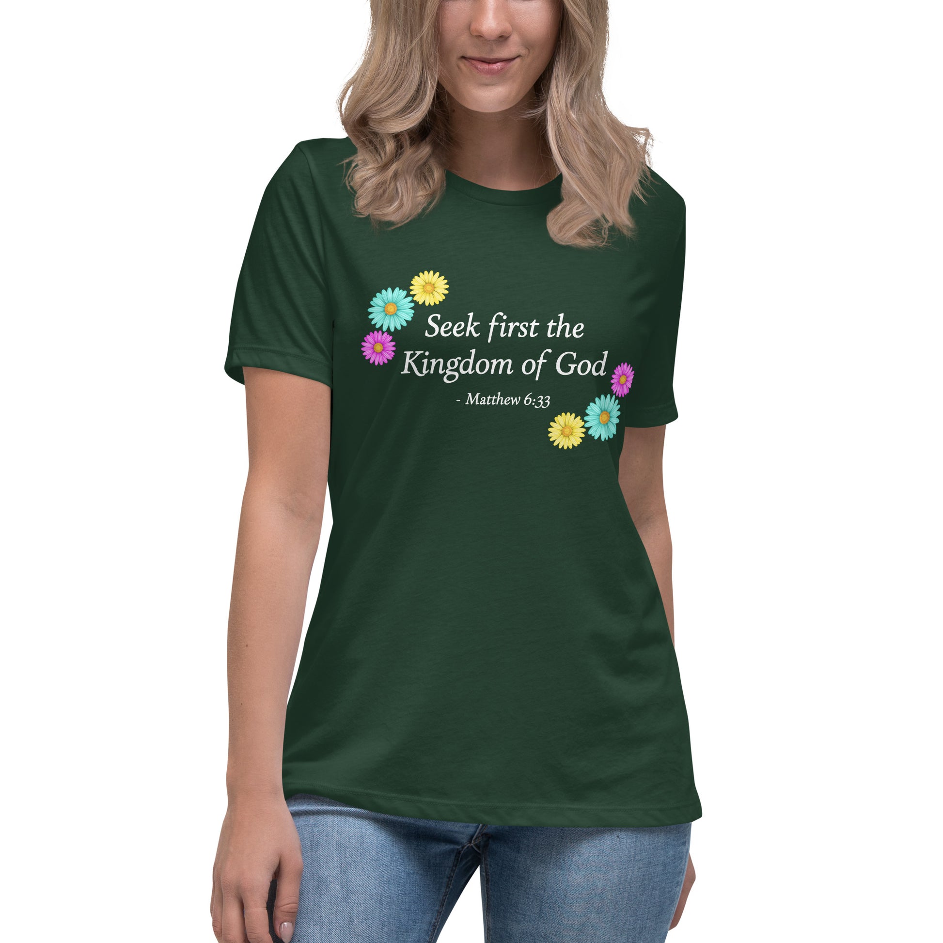 Froest green women's t-shirt with flowers and bible verse