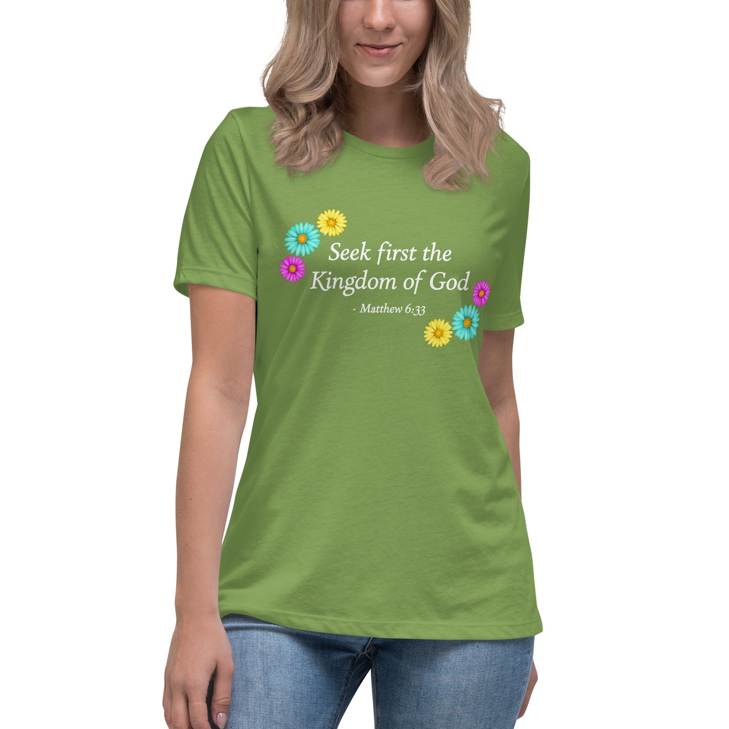 Leaf green women's t-shirt with flowers and bible verse