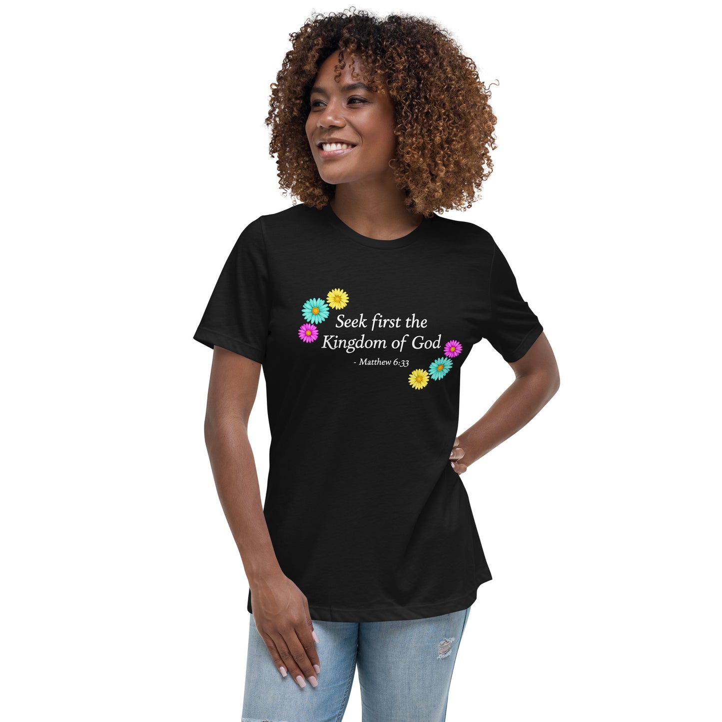 Women's black tee with Seek First the Kingdom verse and flowers