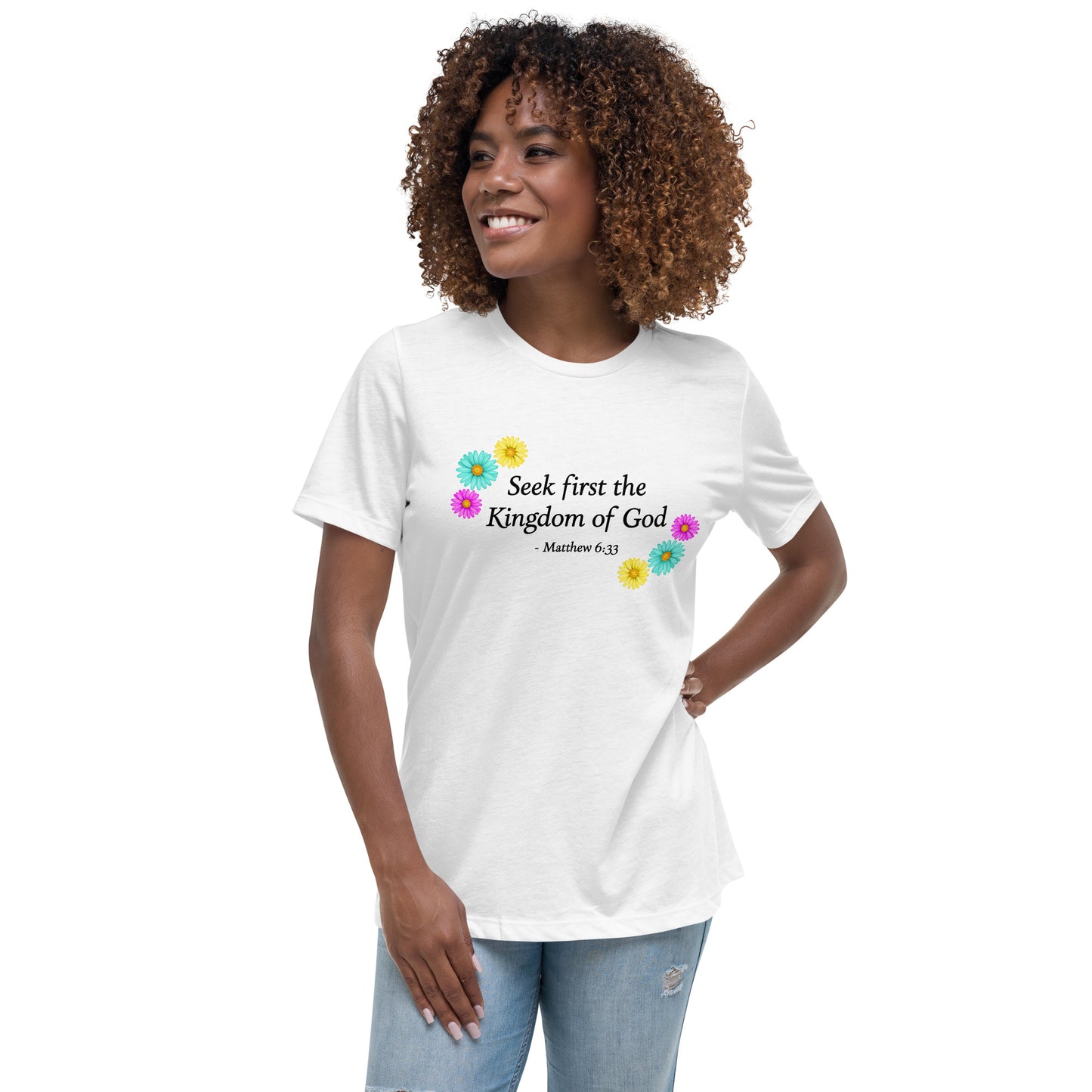 Women's Relaxed Fit T-Shirt with flowers and bible verse