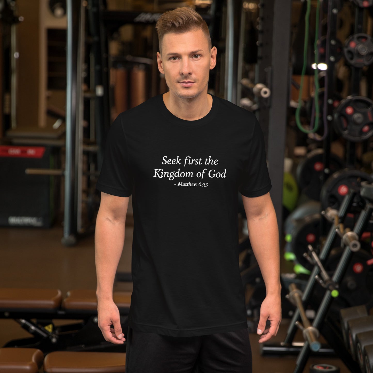 Seek First the Kingdom of God, Matthew 6:33, Men's Black T-Shirt front mockup