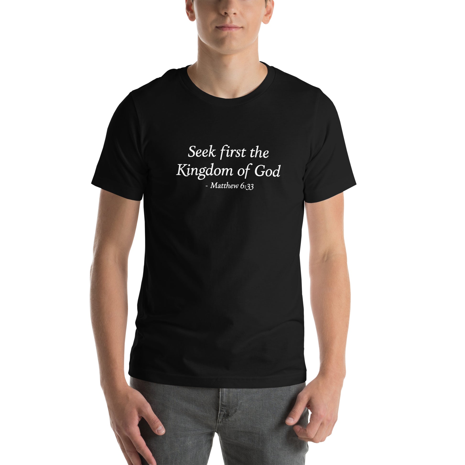 Seek First the Kingdom of God, Matthew 6:33, Men's Faith T-Shirt mockup