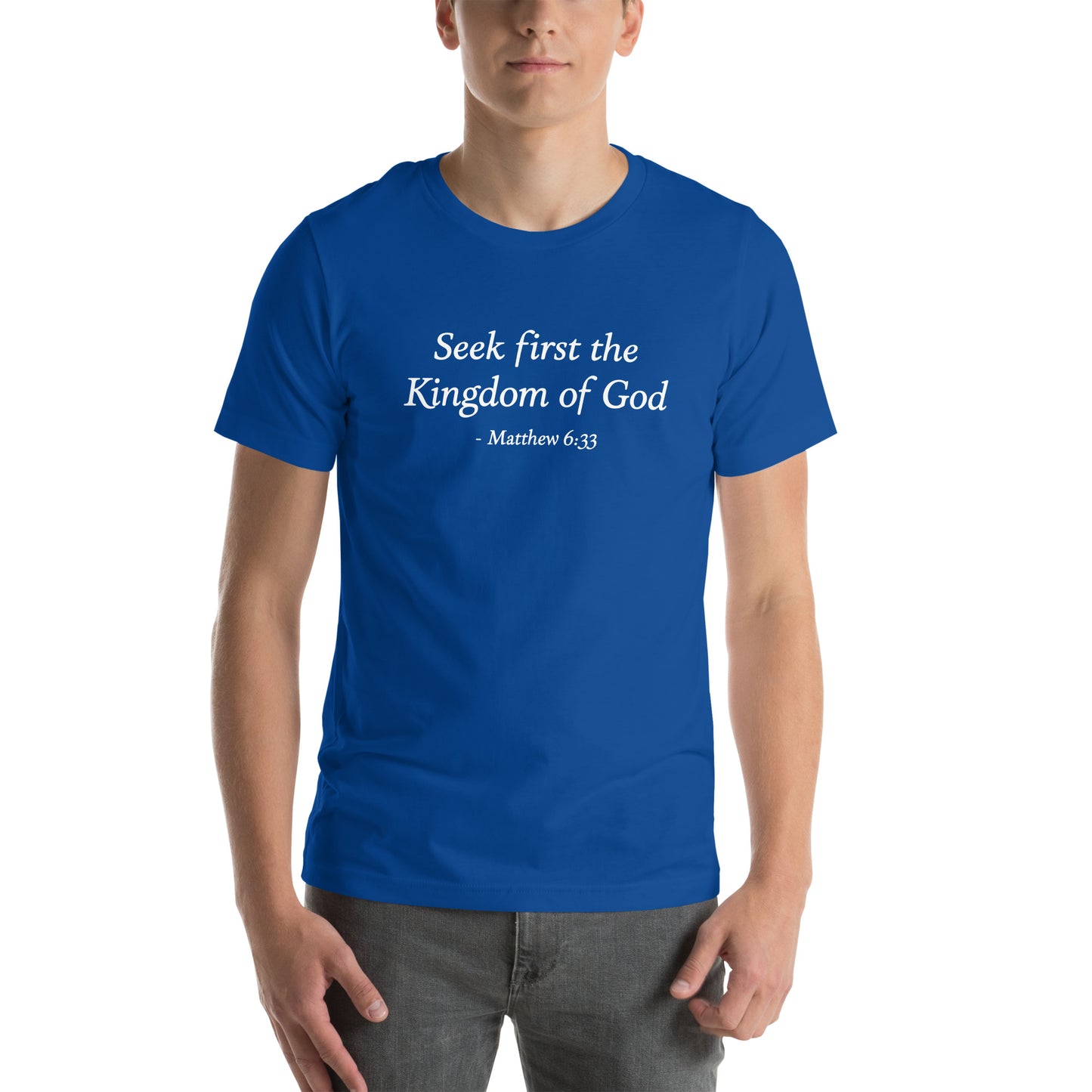 True royal blue men's t-shirt with bible verse