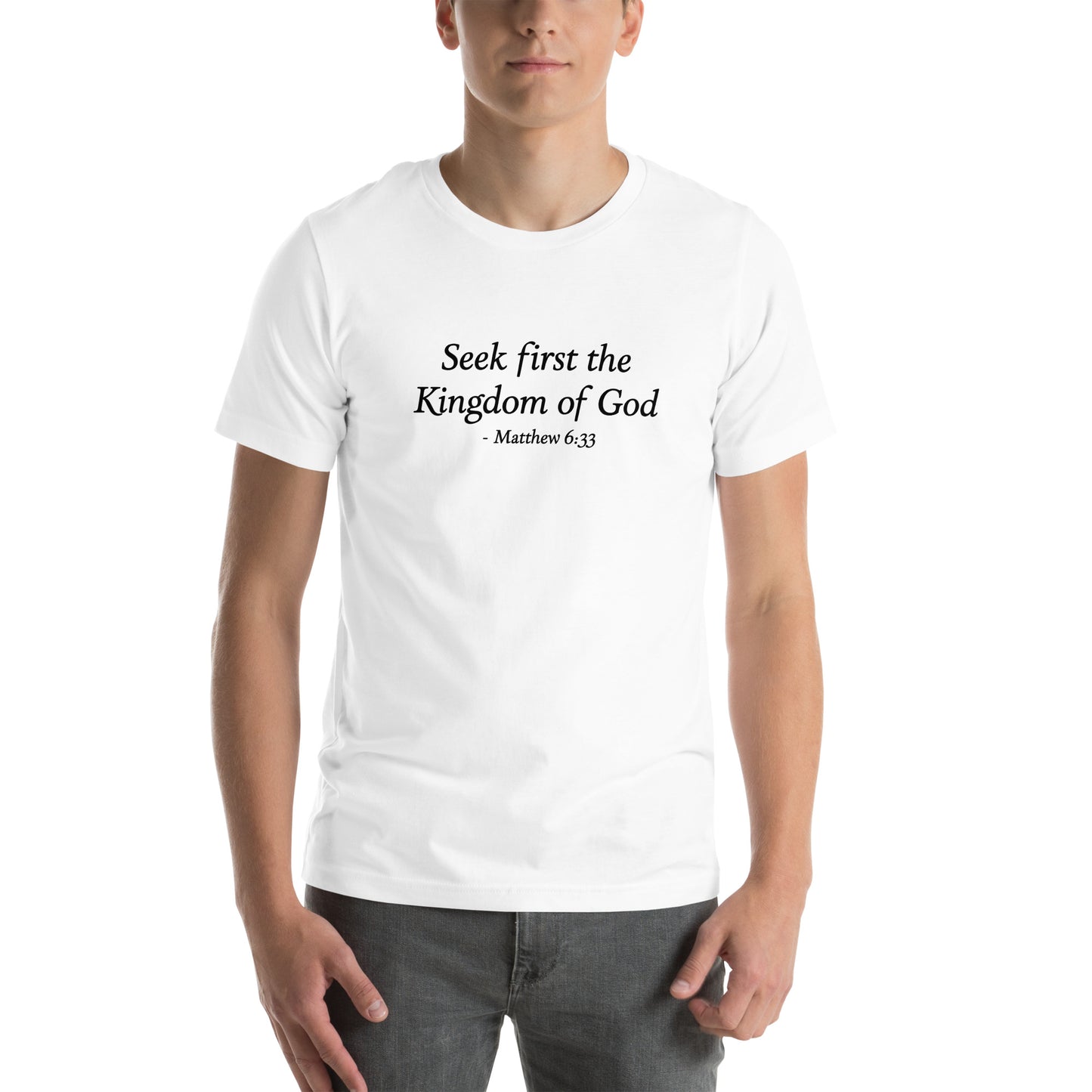 Seek First the Kingdom of God, Matthew 6:33, Men's White T-Shirt mockup