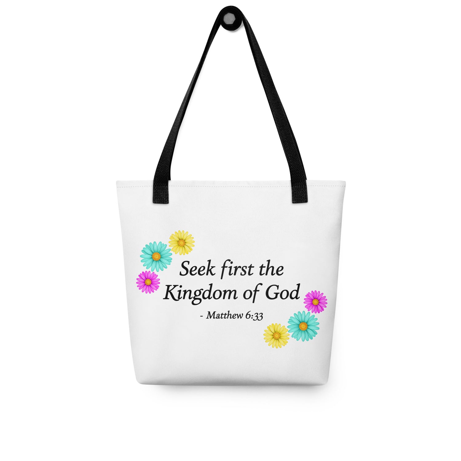 White tote bag with floral designs and a biblical quote