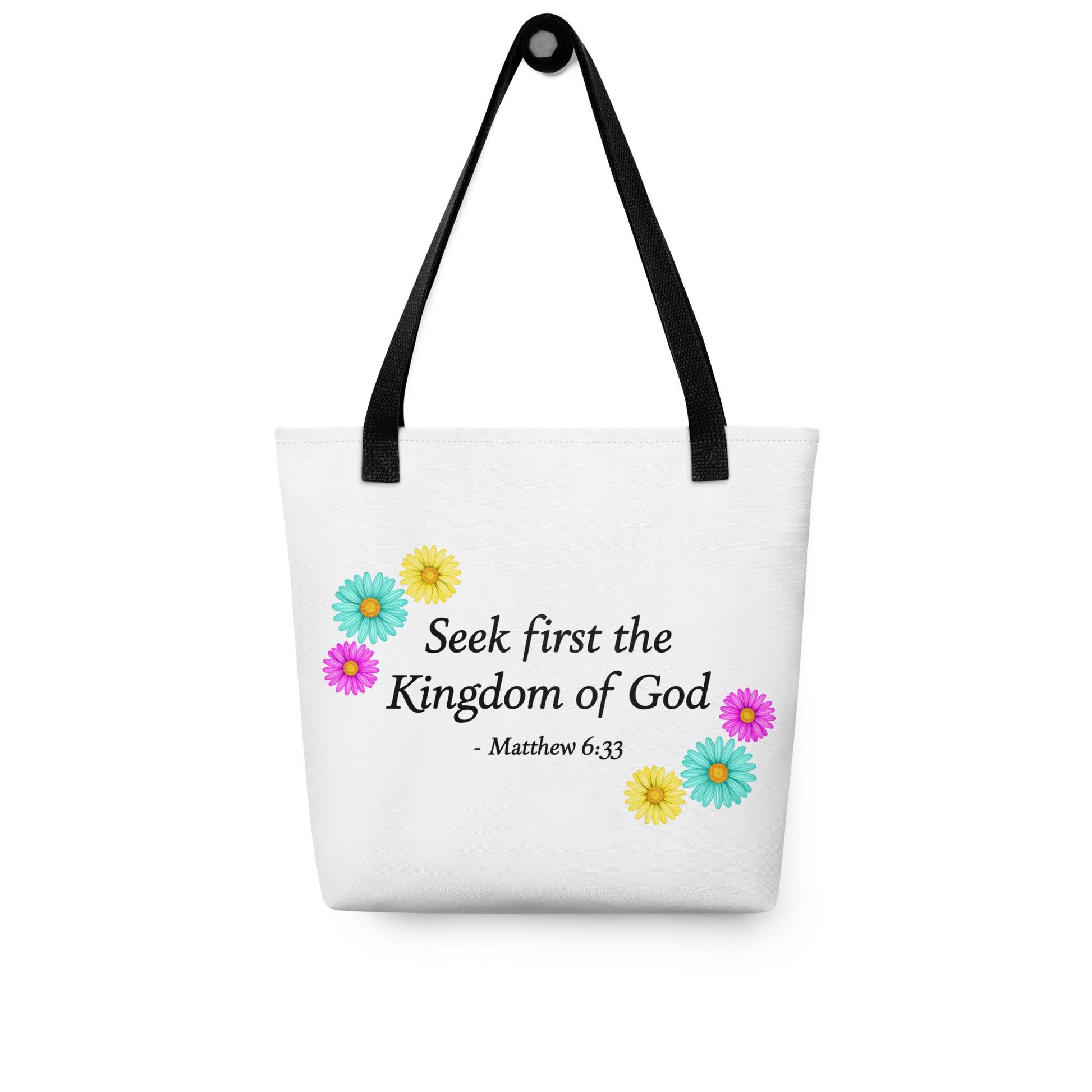 White tote bag with floral designs and a biblical quote
