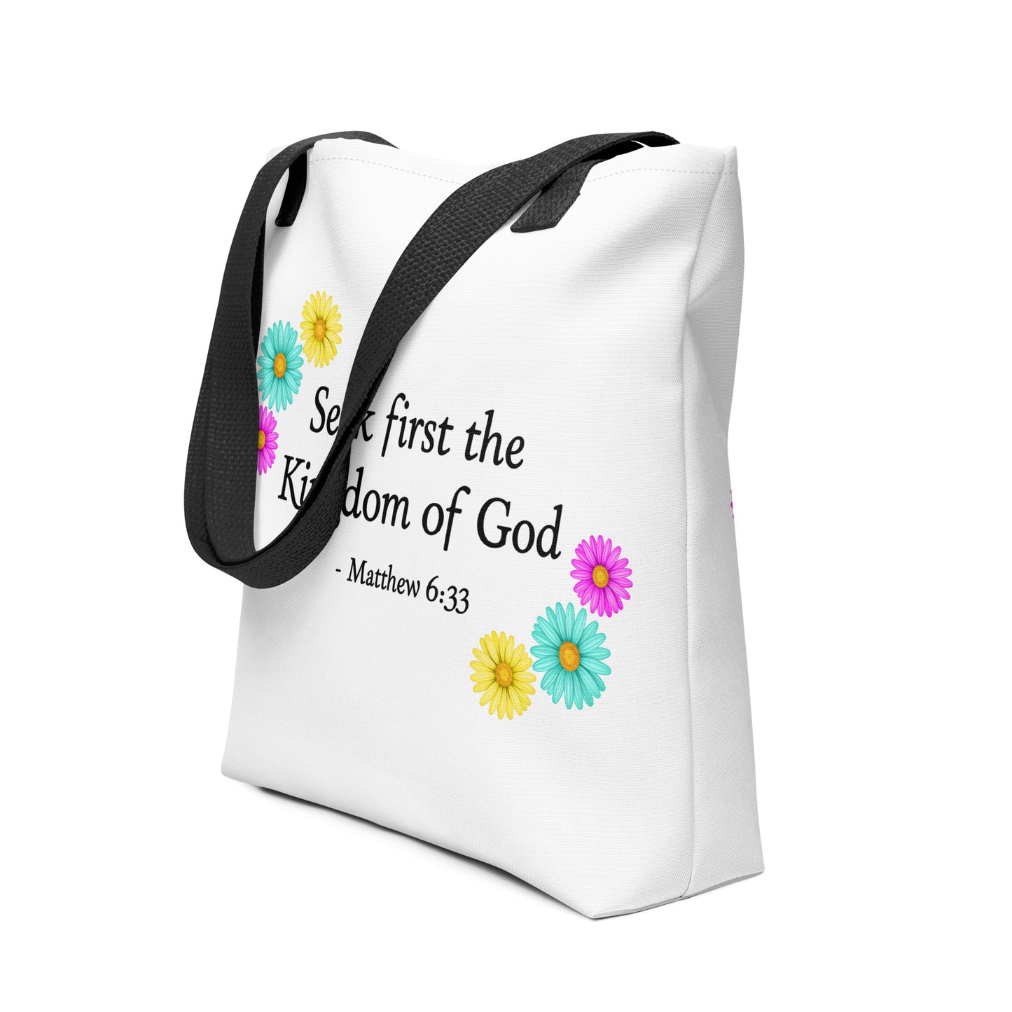 Side view of tote bag with colorful flowers and bible verse