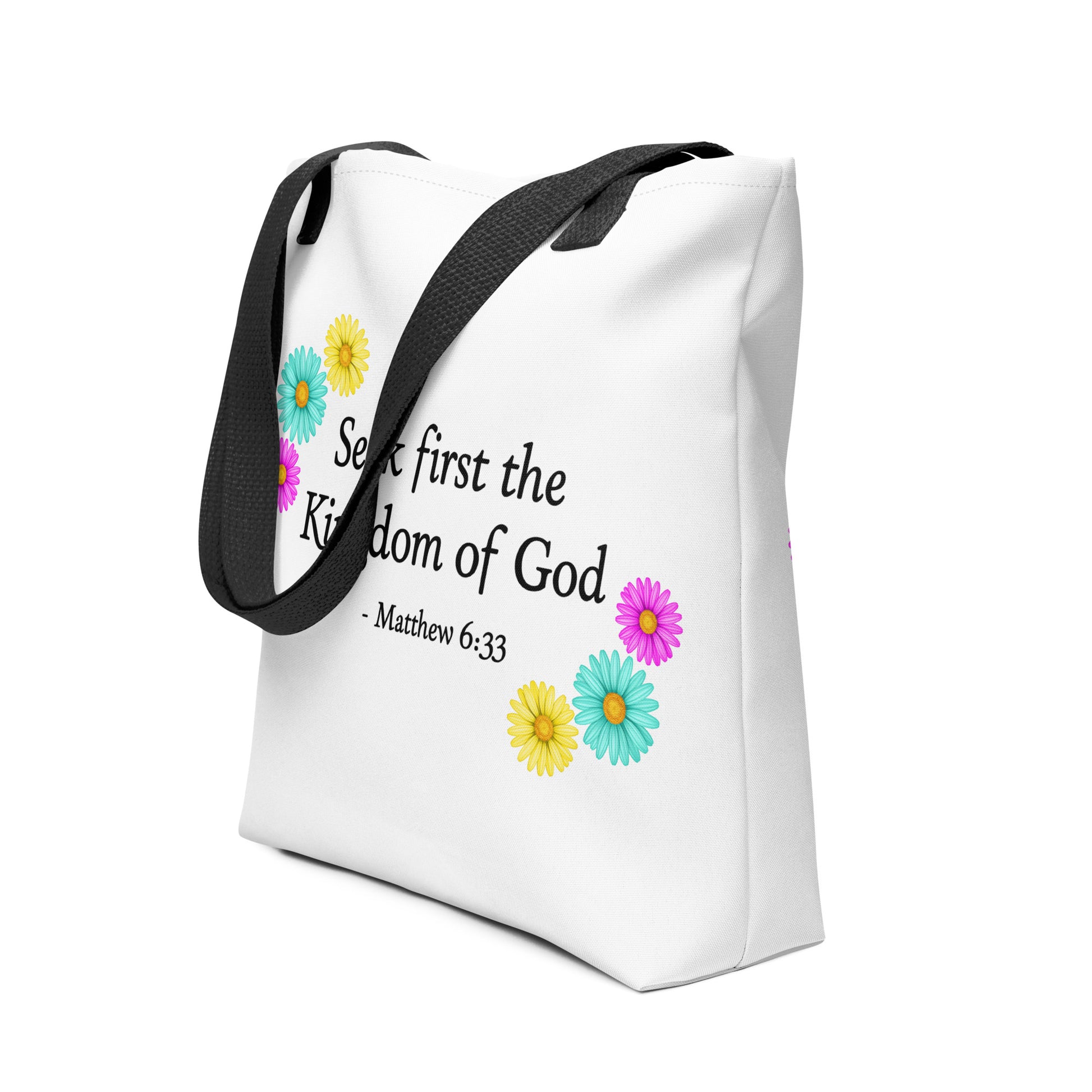 Side view of tote bag with colorful flowers and bible verse