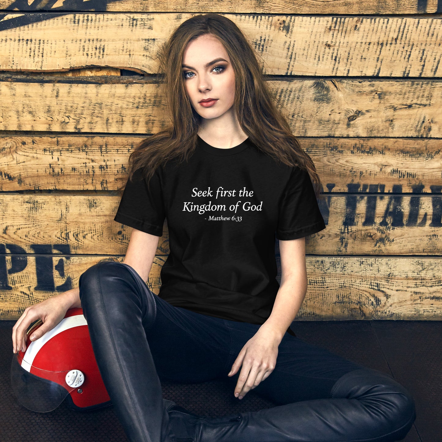 Seek First the Kingdom of God, Matthew 6:33, Women's Black T-Shirt front mockup