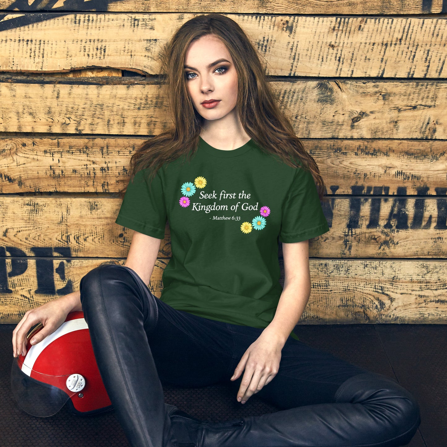Green t-shirt with flowers and bible verse, unisex, women
