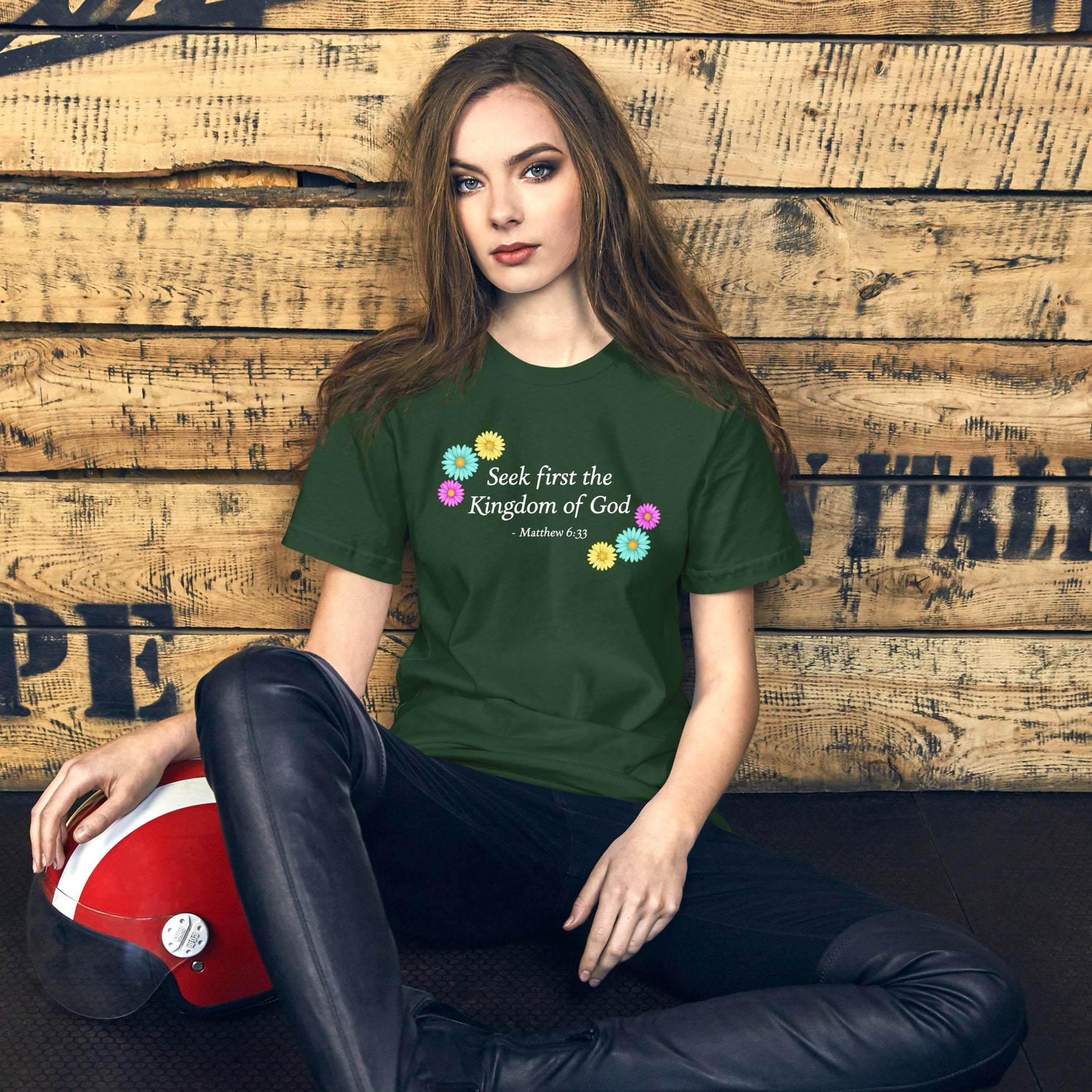 Green t-shirt with flowers and bible verse, unisex, women