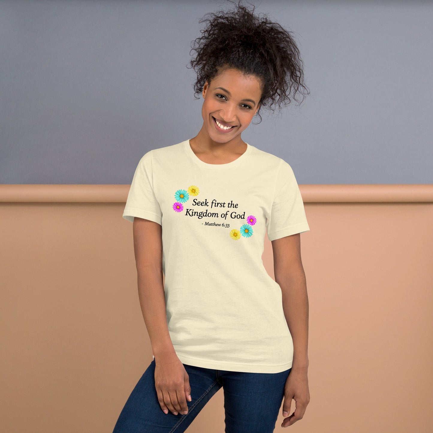 Colorful t-shirt iwth flowers and bible verse