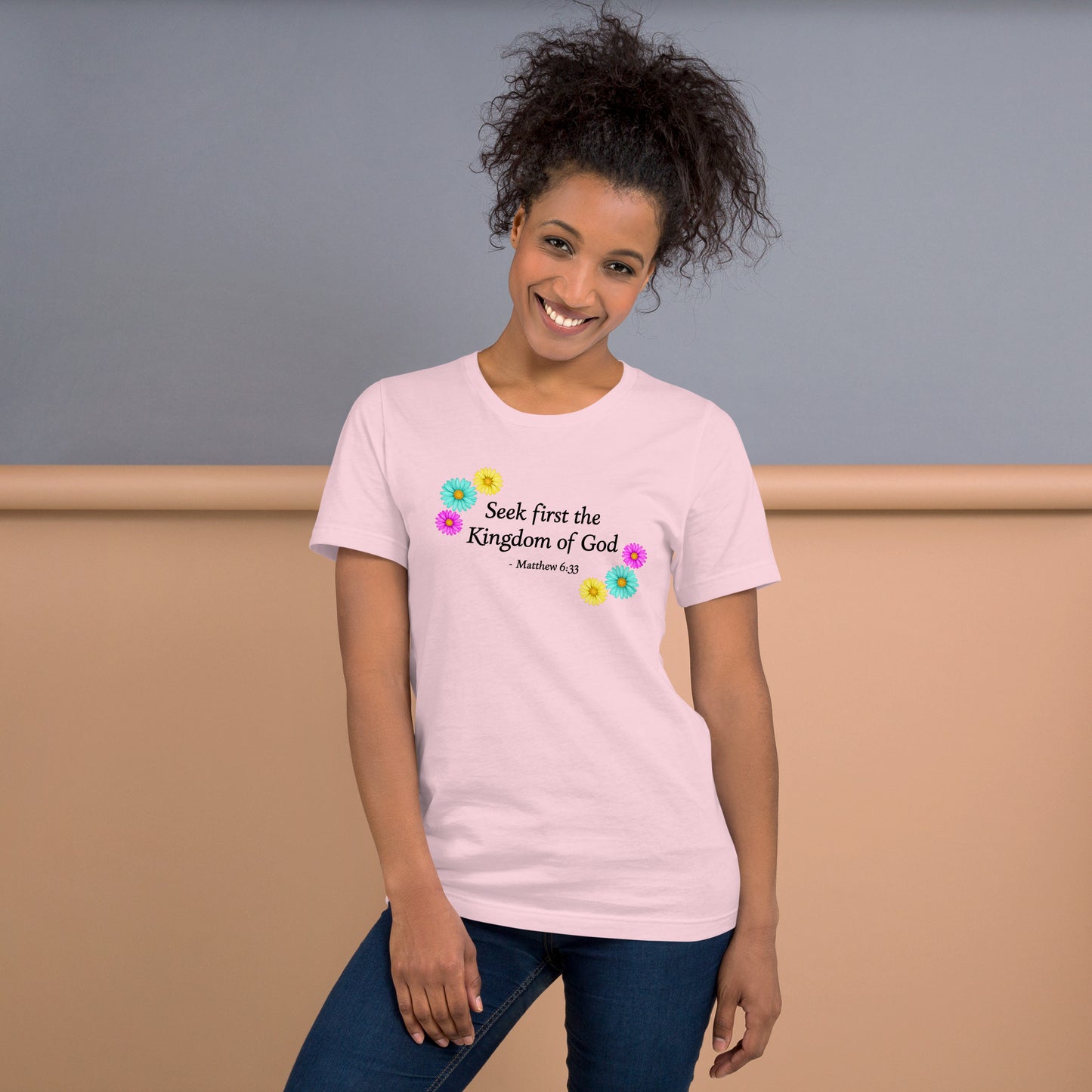 Pink t-shirt with bible verse and flowers
