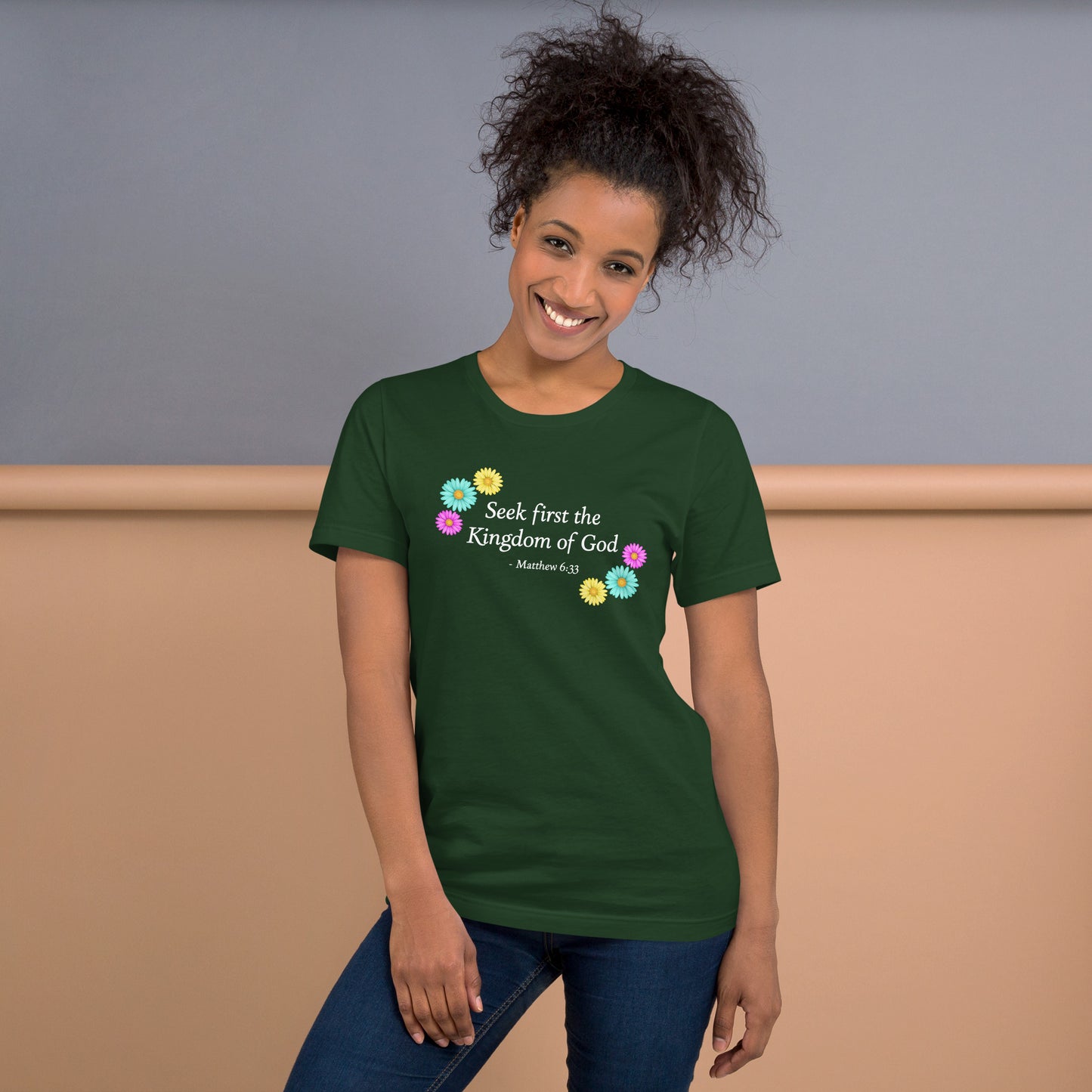 Women's dark green unisex t-shirt with flowers and bible verse