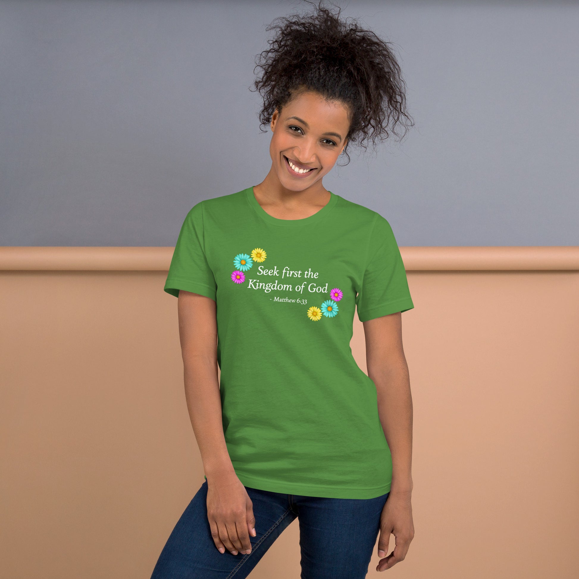 Women's green unisex fit t-shirt with flowers and bible verse