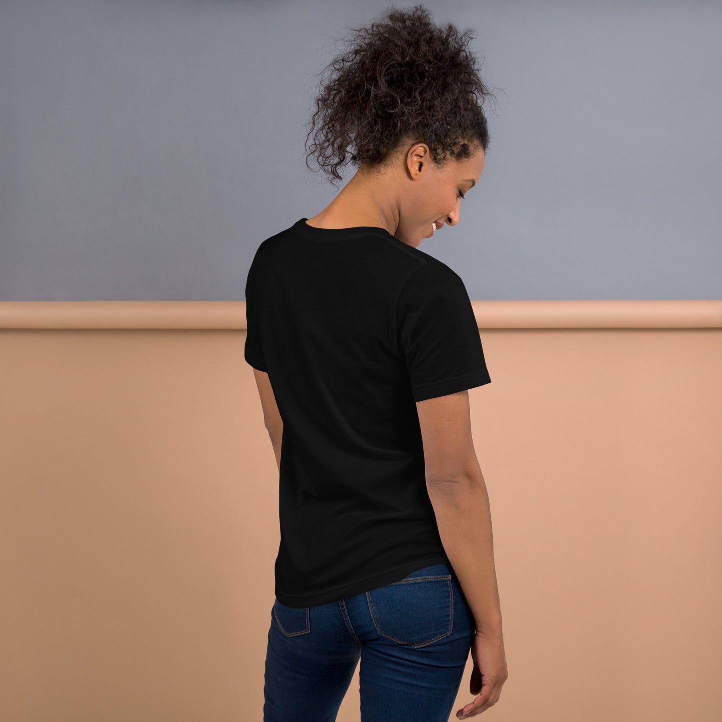 Black unisex tee with flowers and bible verse, back view