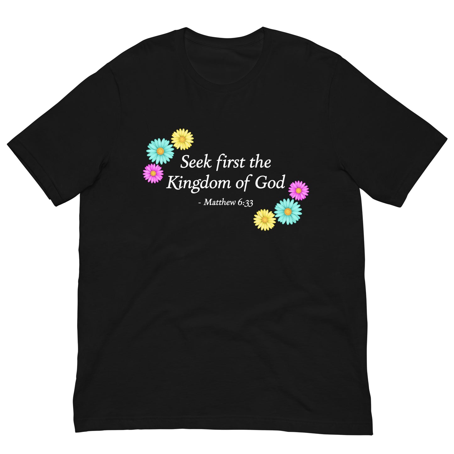 Women's black unisex t-shirt with flowers and bible verse