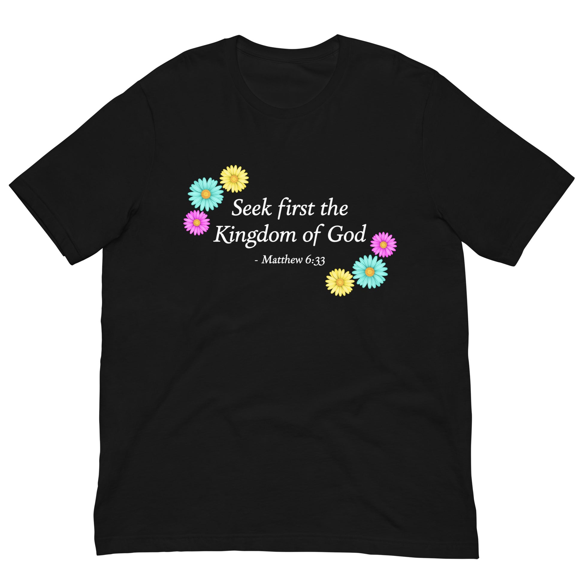 Women's black unisex t-shirt with flowers and bible verse