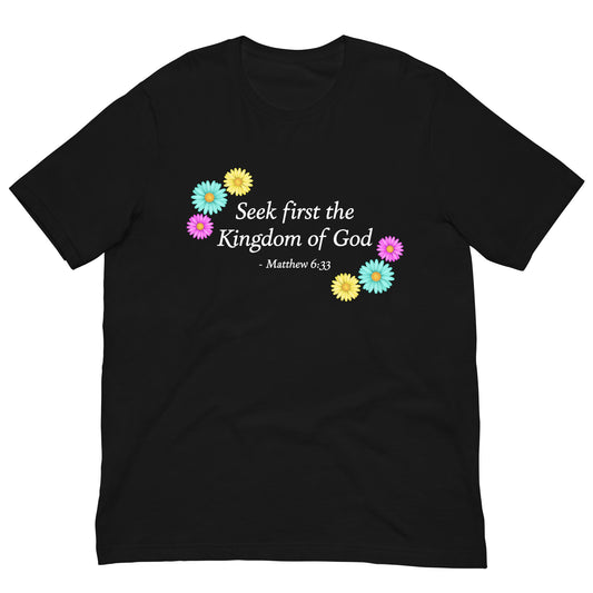 Women's black unisex t-shirt with flowers and bible verse