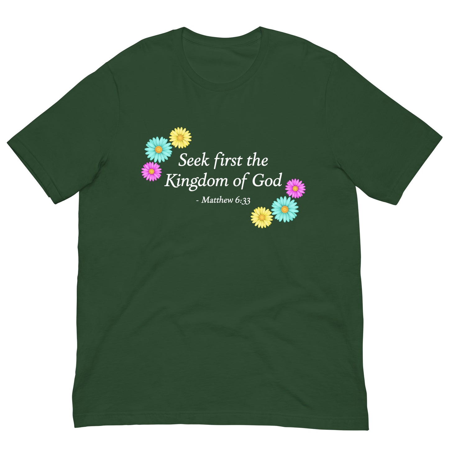 Women's dark green unisex t-shirt with flowers and bible verse