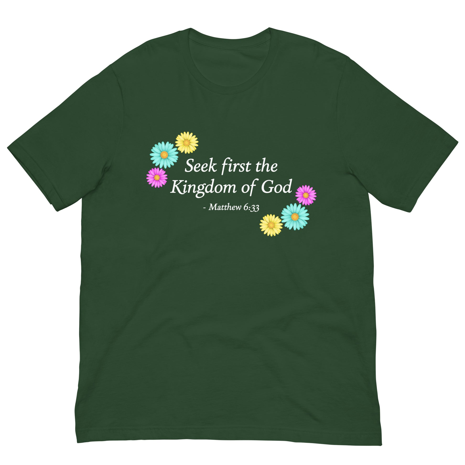 Women's dark green unisex t-shirt with flowers and bible verse