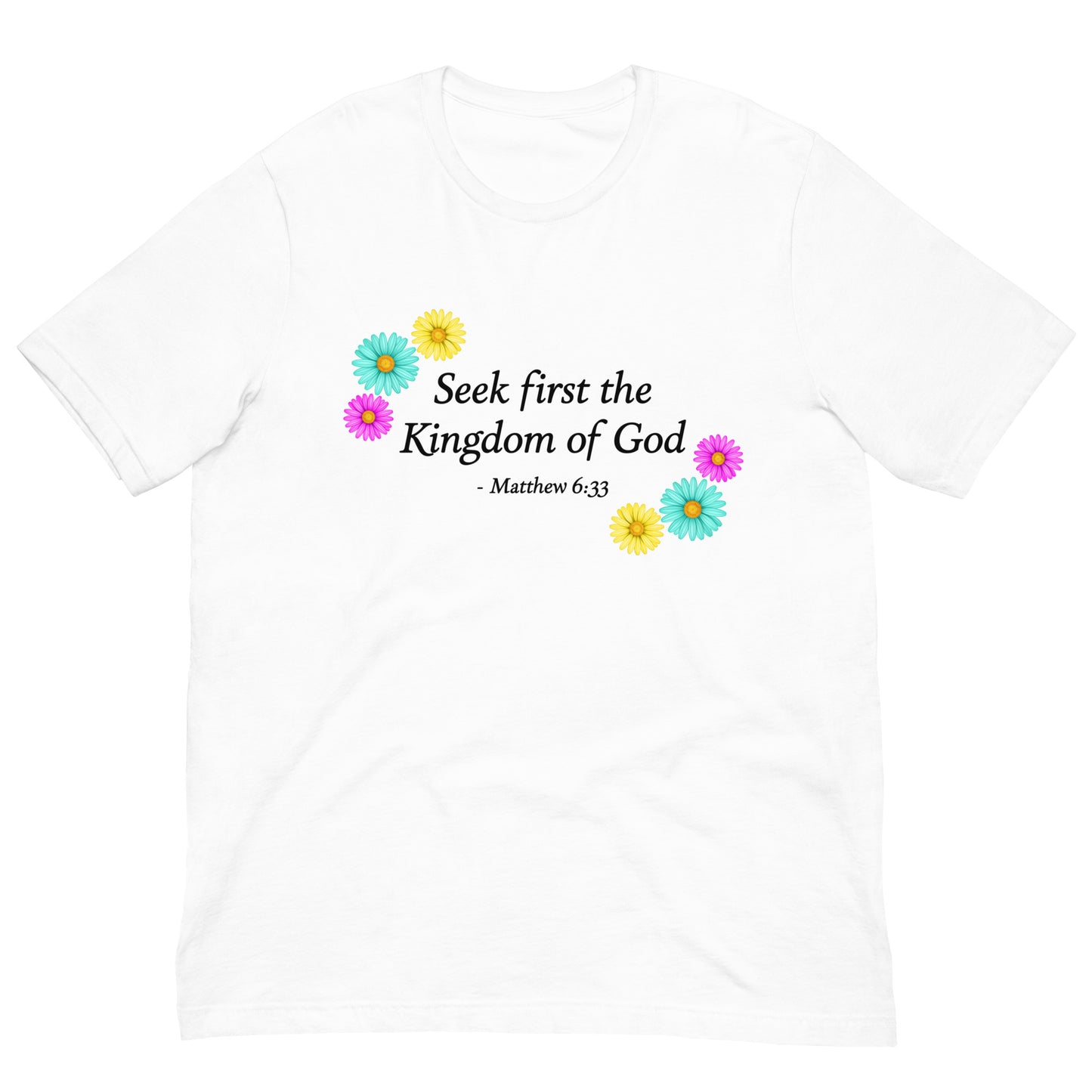 White t-shirt with flowers and bible verse