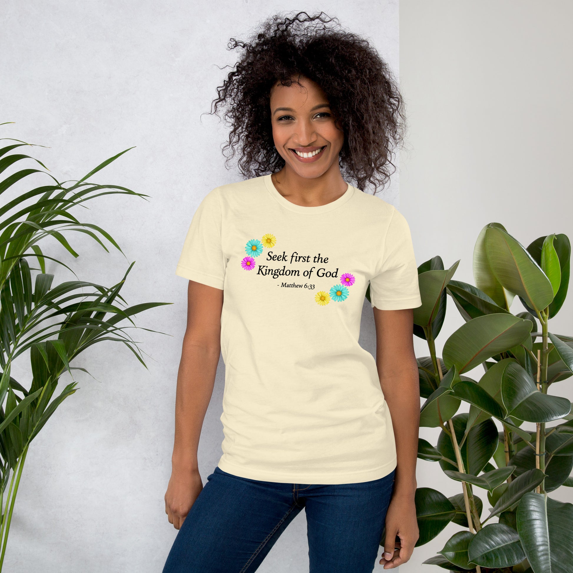 Natural color flower tee with scripture